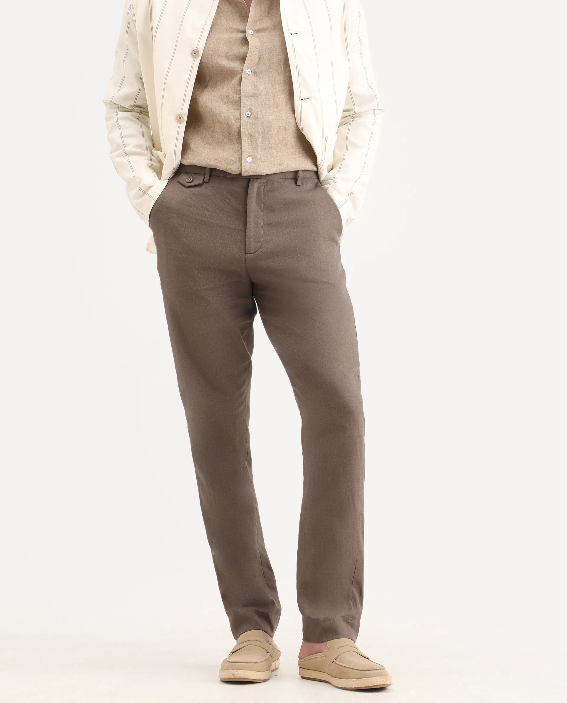 Rare Rabbit Men's Arcelo-Ss26 Light Brown 100% Linen Fabric Regular Fit Plain Trouser