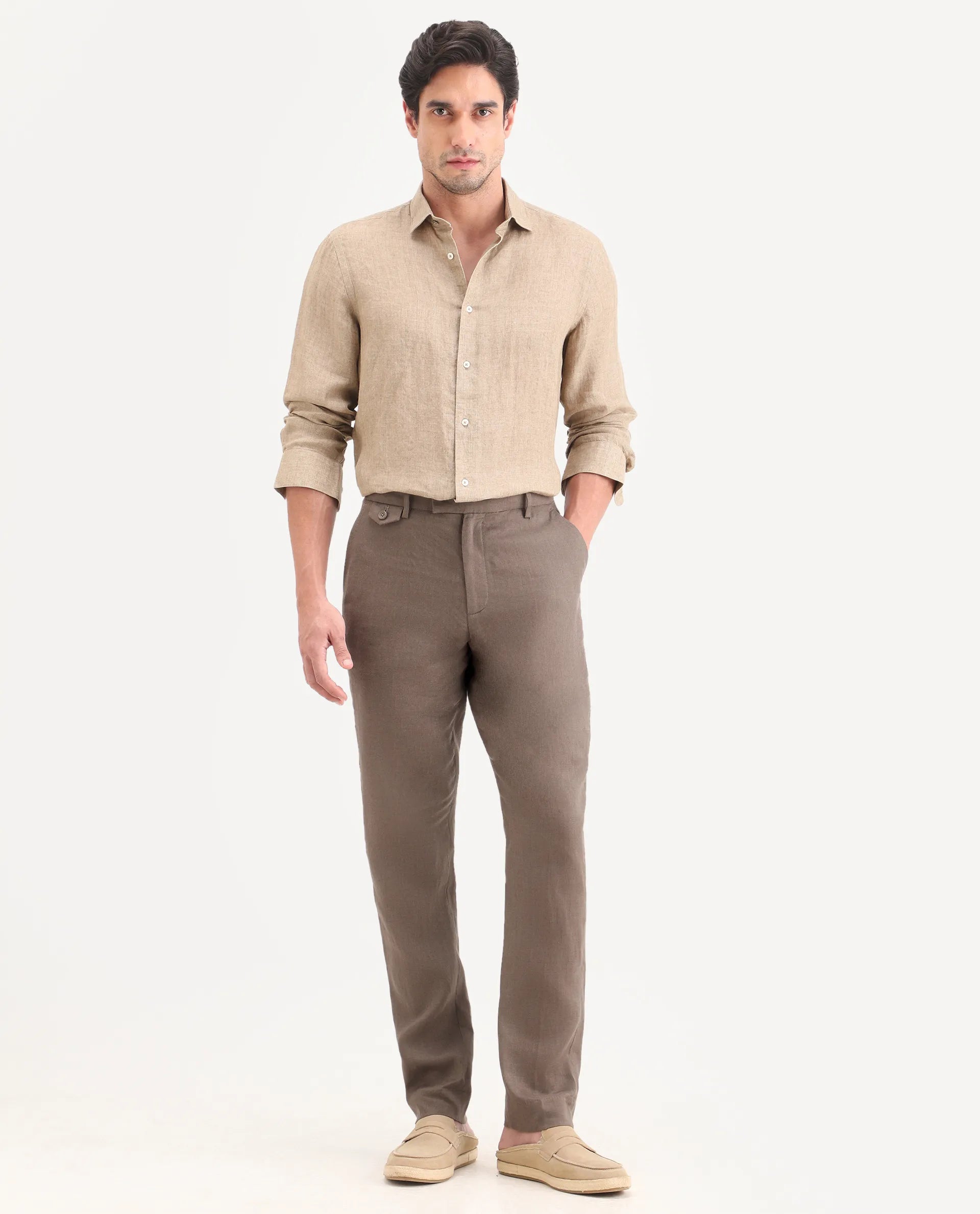 Rare Rabbit Men's Arcelo-Ss26 Light Brown 100% Linen Fabric Regular Fit Plain Trouser