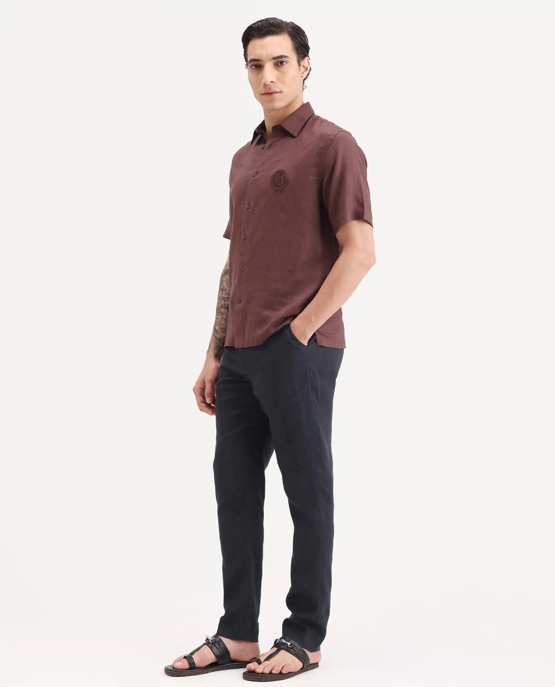 Rare Rabbit Men's Arcelo-Ss26 Dark Navy 100% Linen Fabric Regular Fit Plain Trouser