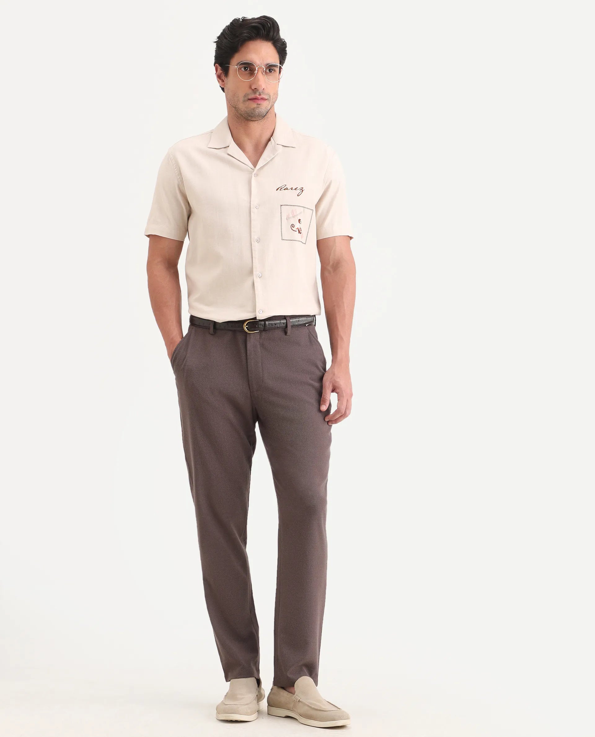 Rare Rabbit Men's Trove Dusky Brown Polyester Blend Fabric Regular Fit Textured Trouser