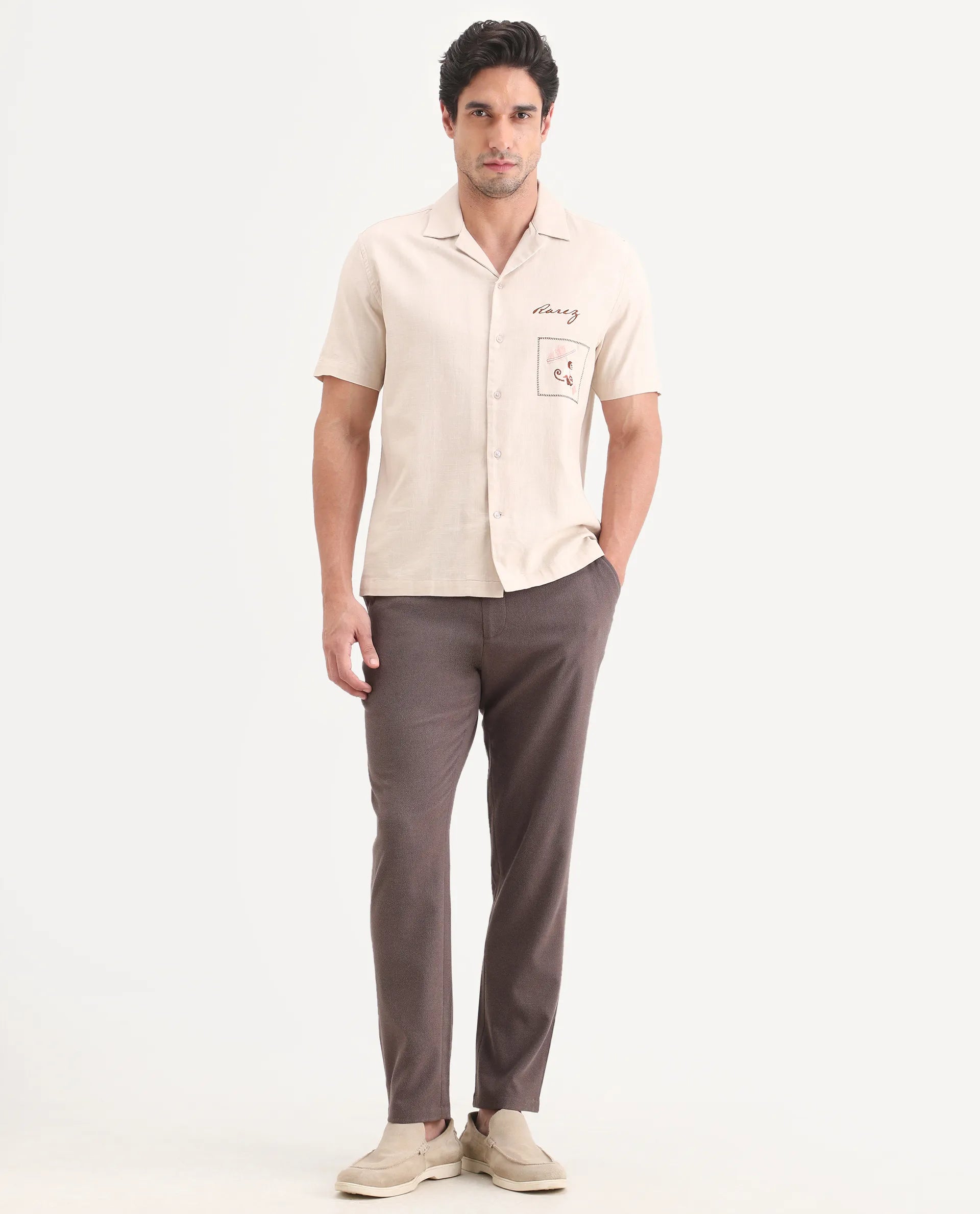 Rare Rabbit Men's Trove Dusky Brown Polyester Blend Fabric Regular Fit Textured Trouser