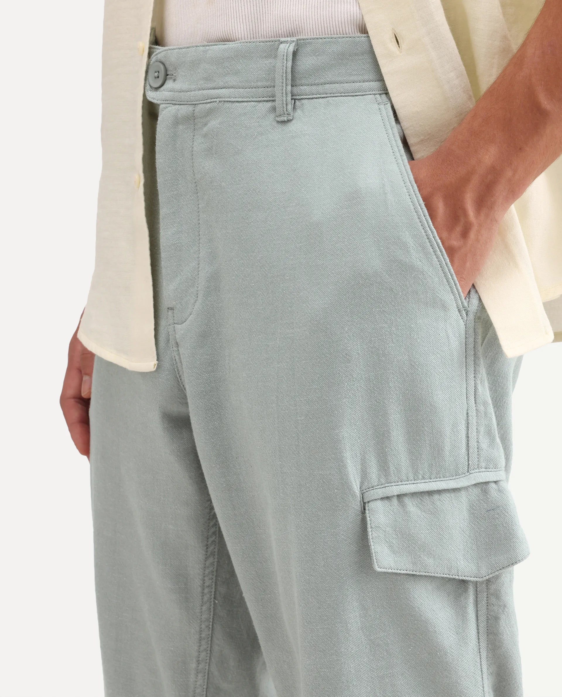 Rare Rabbit Men's Haxlr-B Dusky Green Cotton Blend Fabric Regular Fit Plain Cargo Trouser
