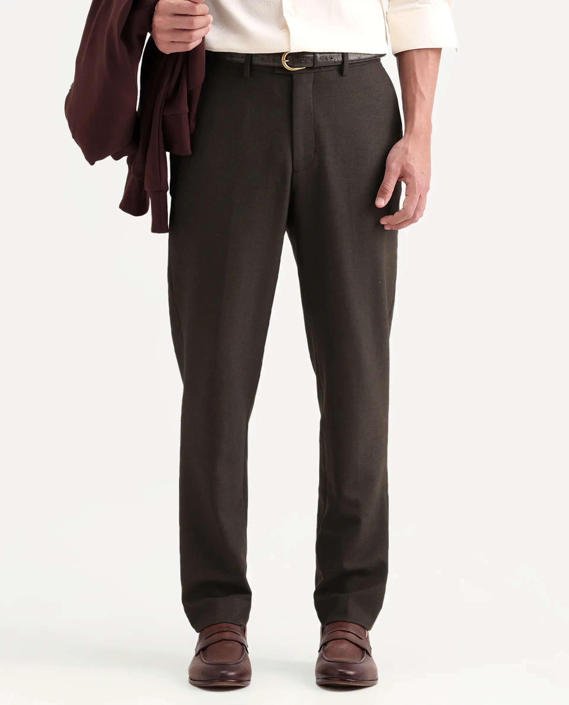 Rare Rabbit Men's Austi-Ss26 Dark Olive Polyester Blend Fabric Regular Fit Plain Trouser