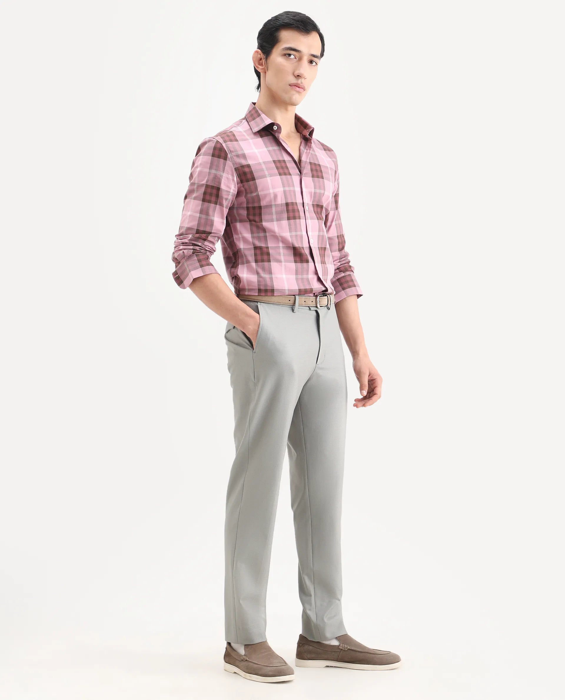 Rare Rabbit Men's Austi-Ss26 Grey Polyester Blend Fabric Regular Fit Plain Trouser