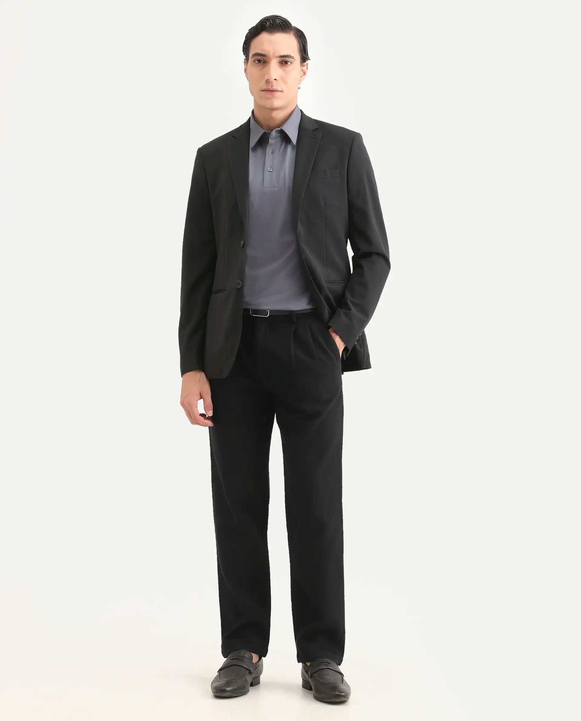 Rare Rabbit Men's Neux Black Cotton Fabric Regular Fit Textured Trouser