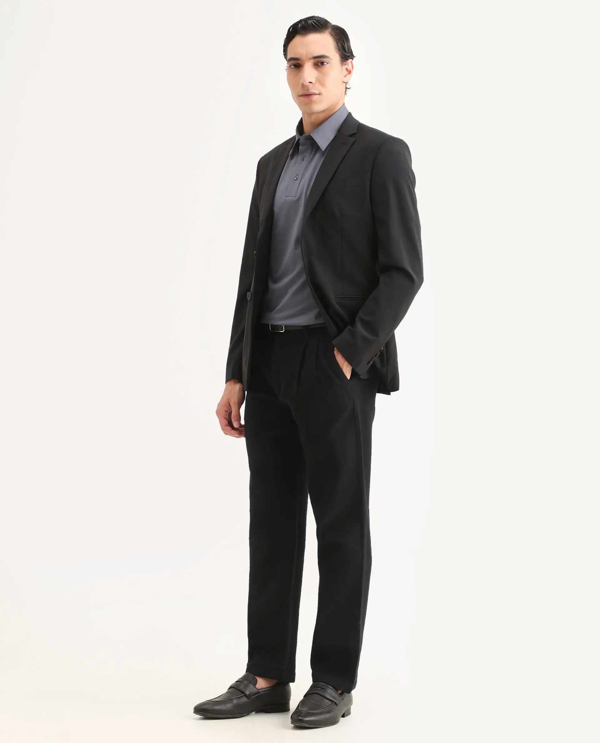 Rare Rabbit Men's Neux Black Cotton Fabric Regular Fit Textured Trouser