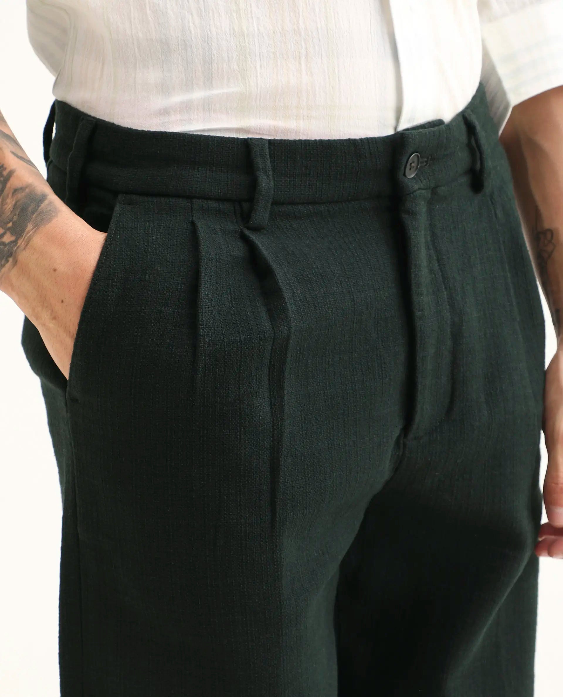 Rare Rabbit Men's Neux Dark Green Cotton Fabric Regular Fit Textured Trouser