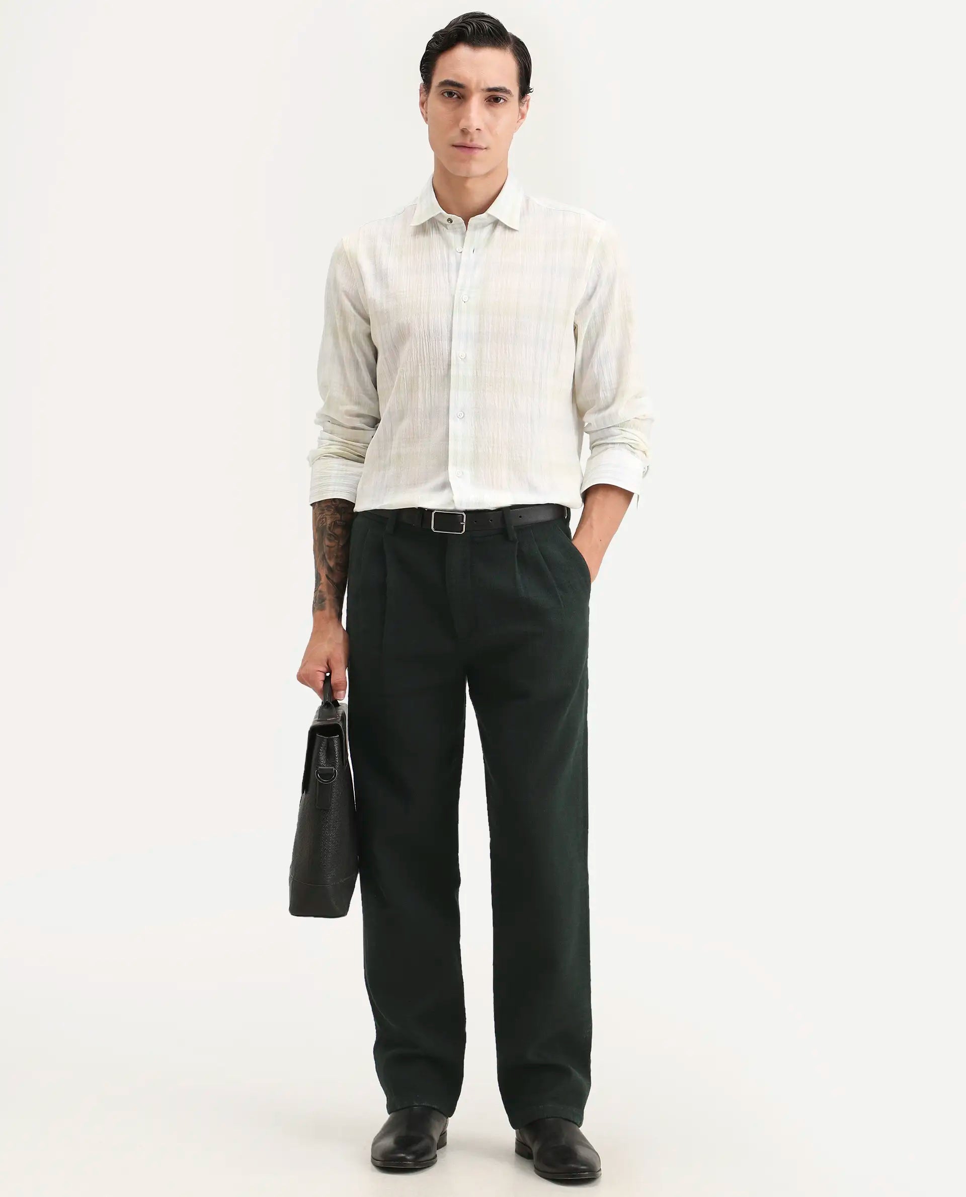 Rare Rabbit Men's Neux Dark Green Cotton Fabric Regular Fit Textured Trouser