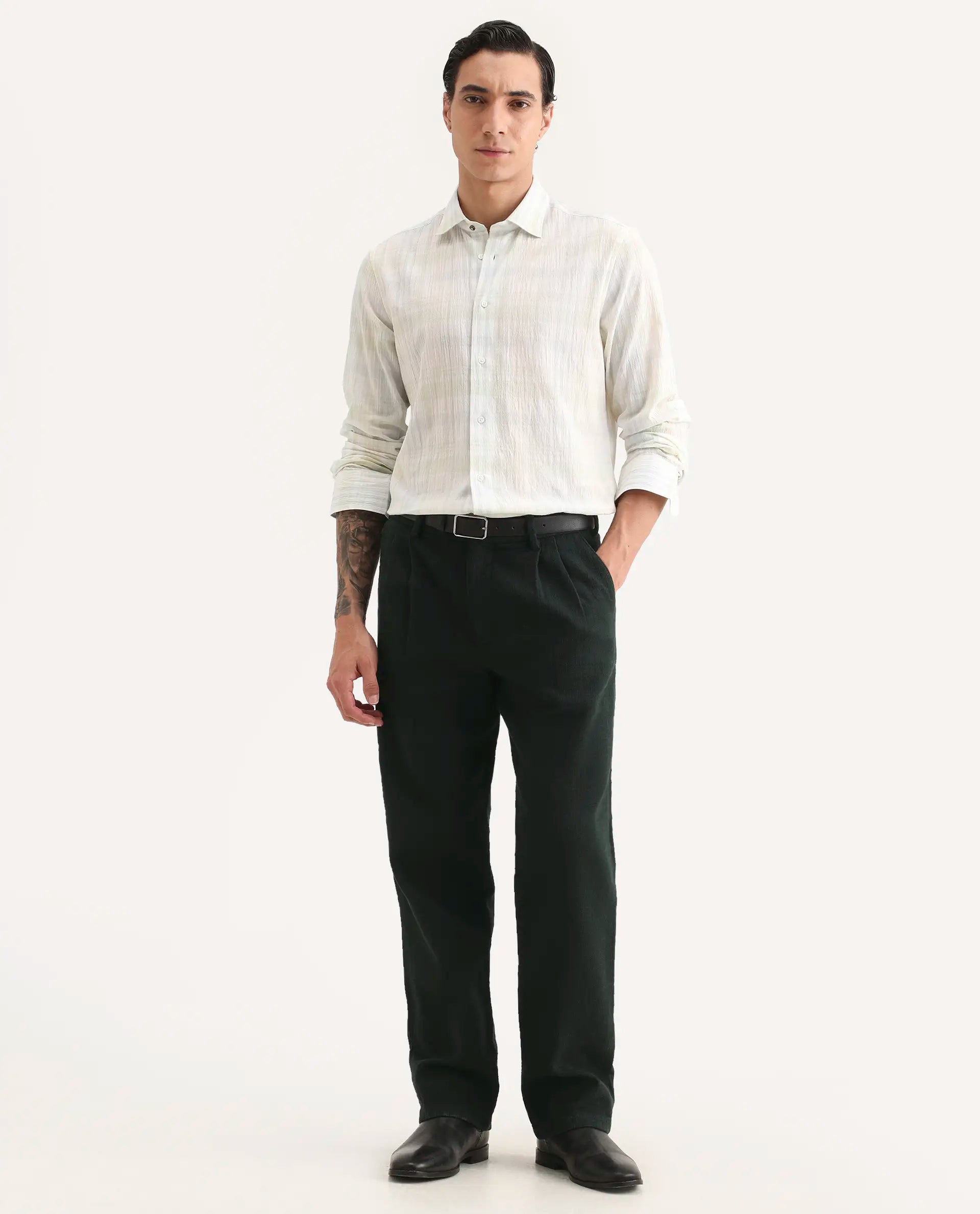 Rare Rabbit Men's Neux Dark Green Cotton Fabric Regular Fit Textured Trouser