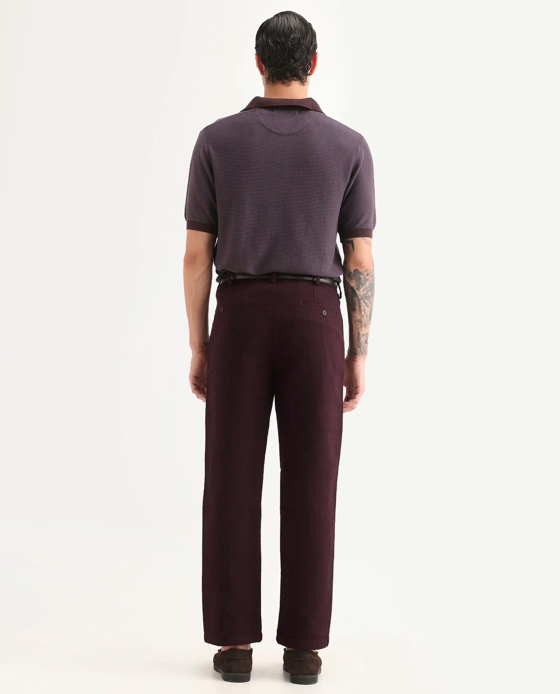 Rare Rabbit Men's Neux Dark Maroon Cotton Fabric Regular Fit Textured Trouser