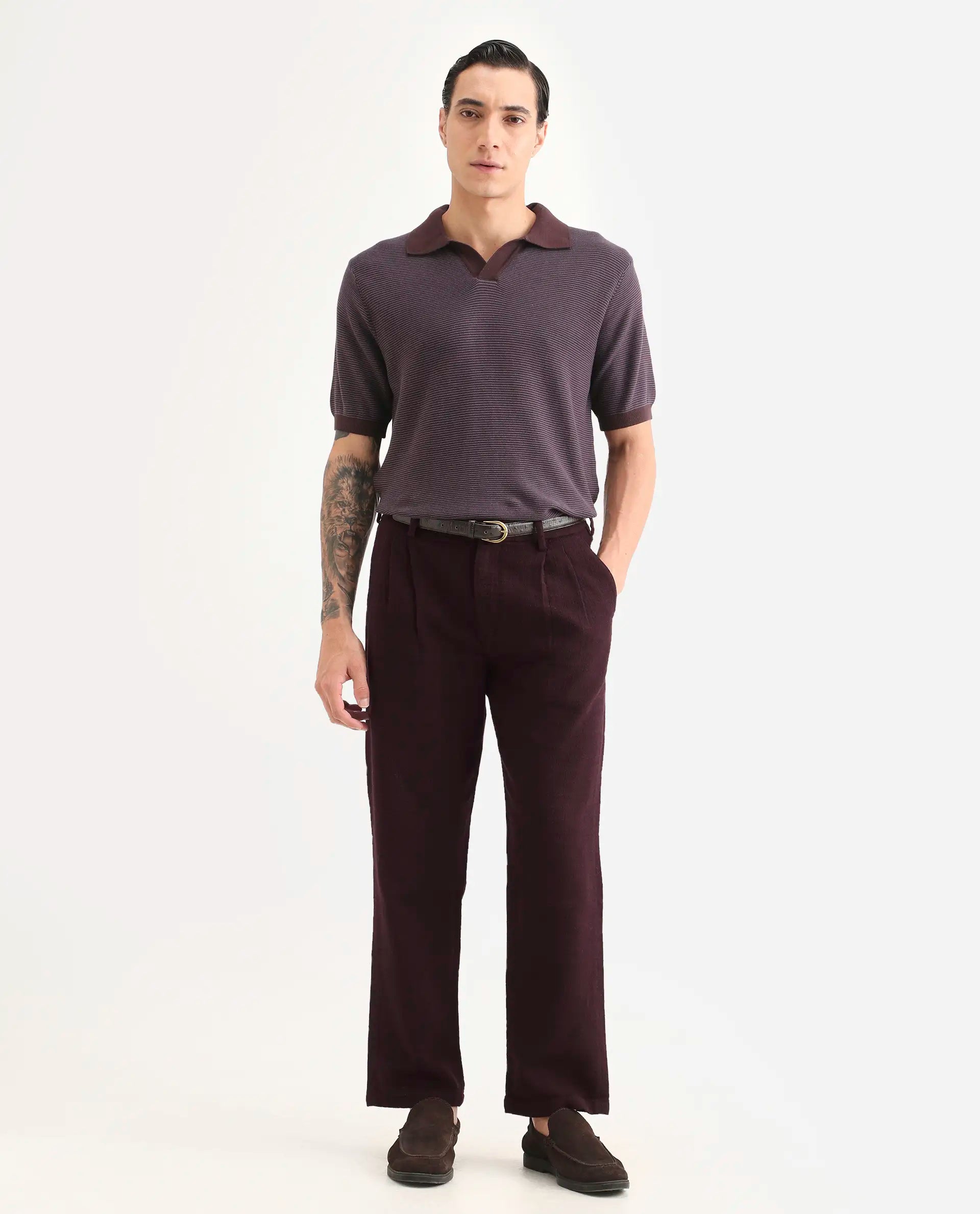 Rare Rabbit Men's Neux Dark Maroon Cotton Fabric Regular Fit Textured Trouser