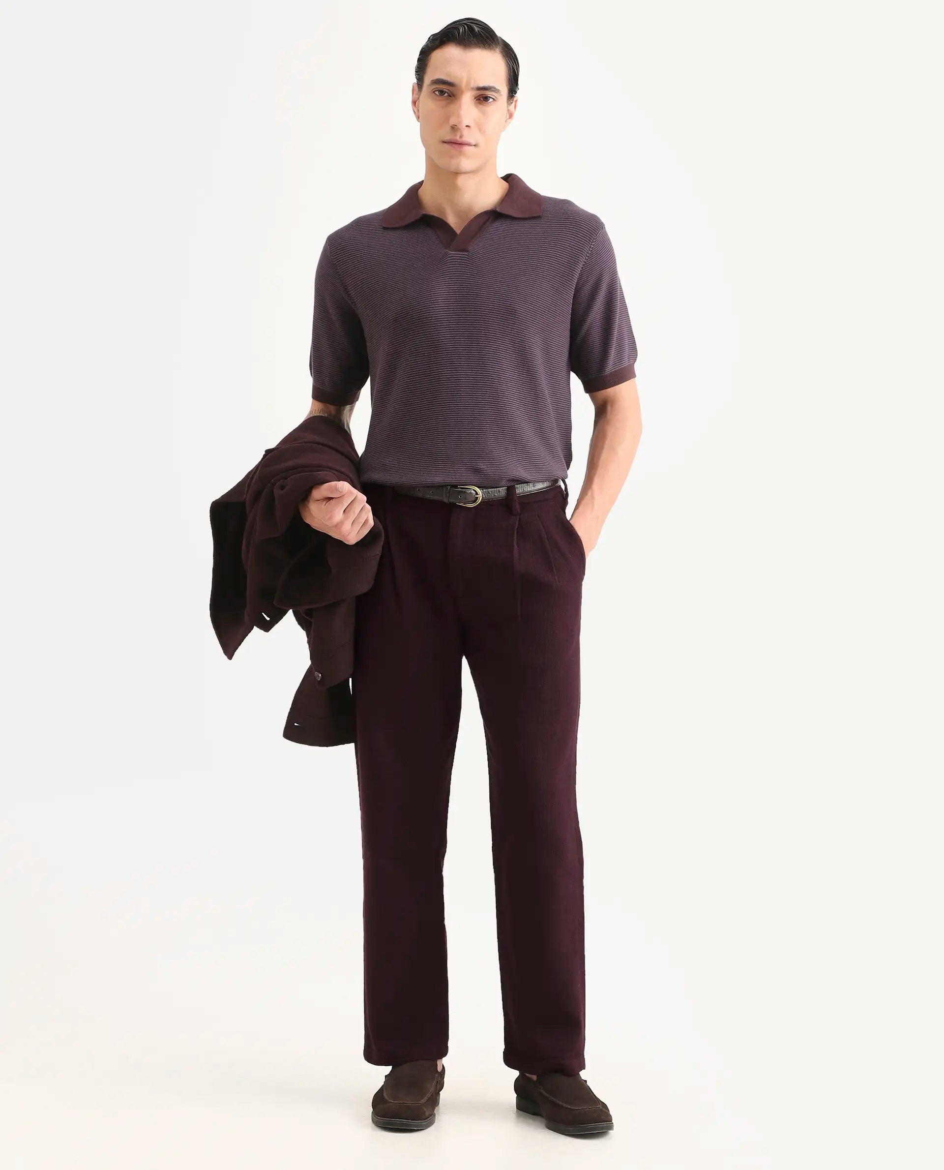 Rare Rabbit Men's Neux Dark Maroon Cotton Fabric Regular Fit Textured Trouser