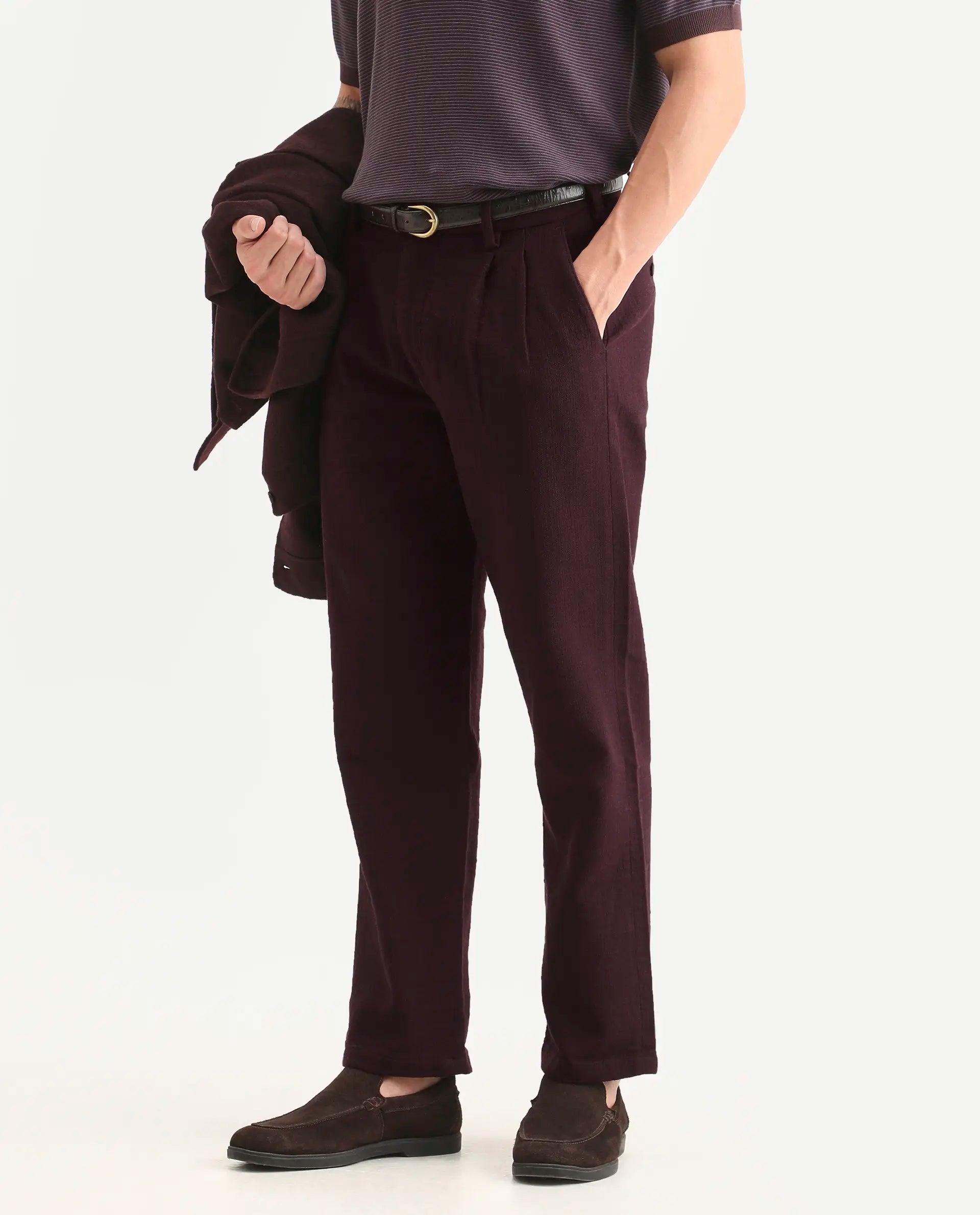 Rare Rabbit Men's Neux Dark Maroon Cotton Fabric Regular Fit Textured Trouser