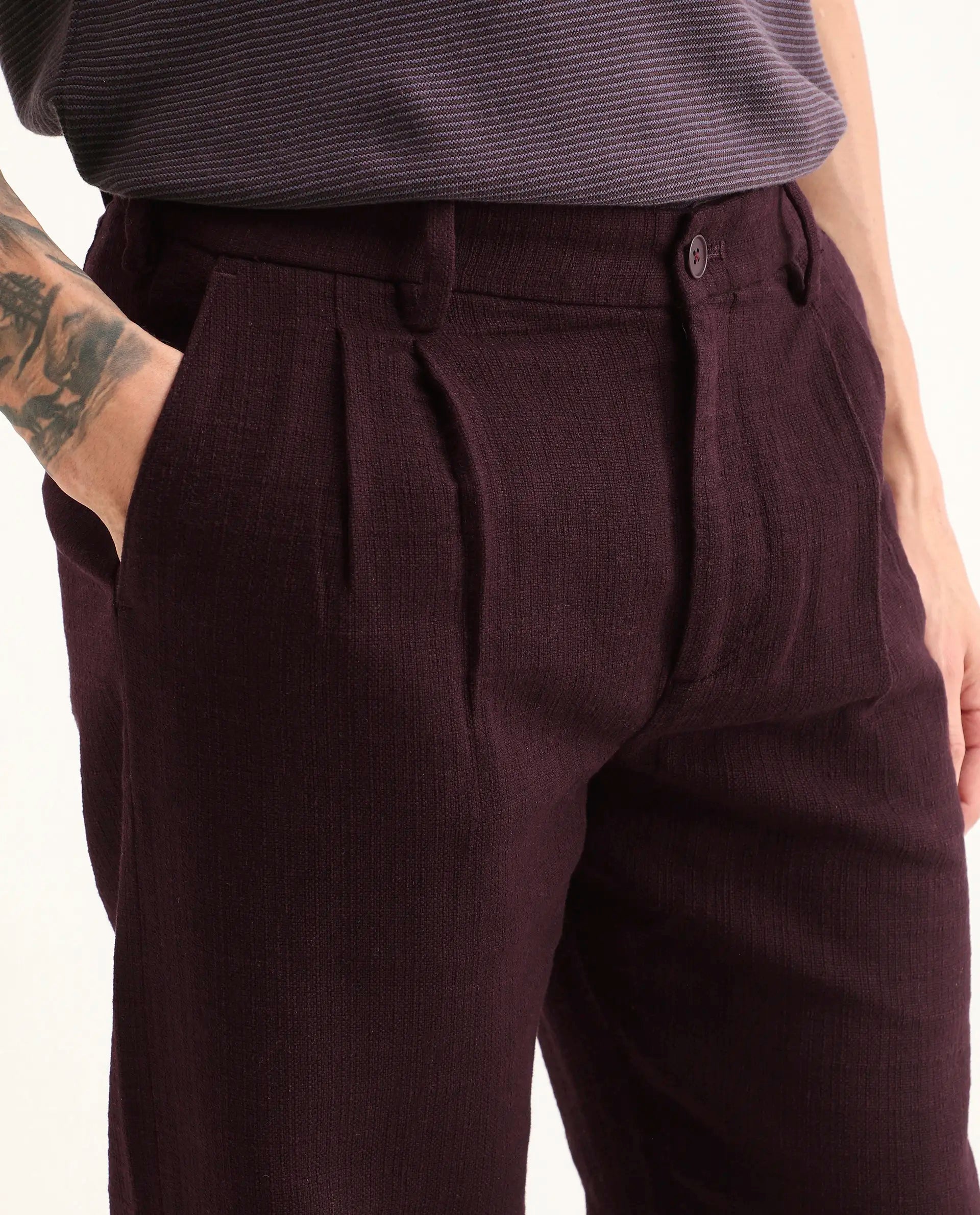 Rare Rabbit Men's Neux Dark Maroon Cotton Fabric Regular Fit Textured Trouser