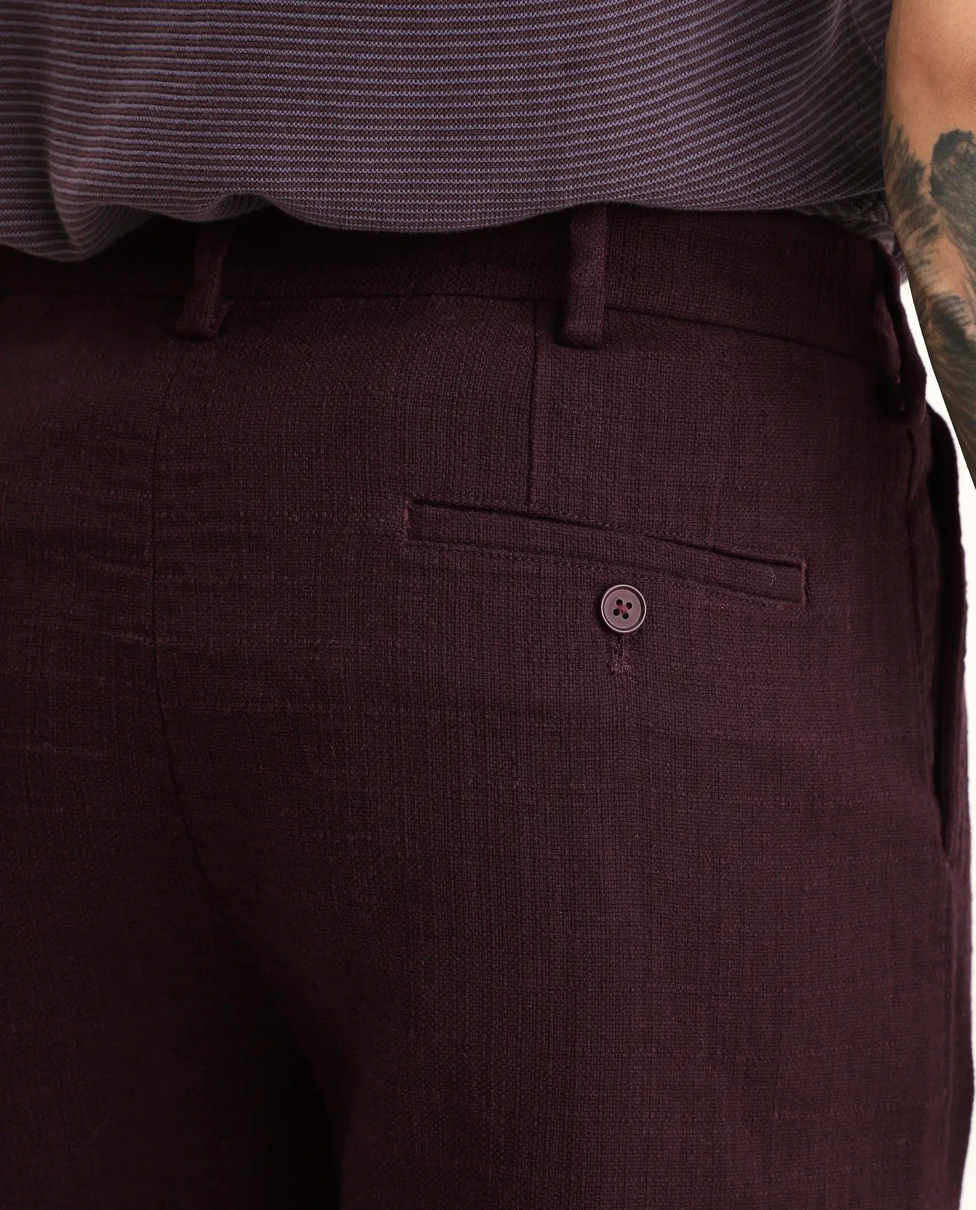 Rare Rabbit Men's Neux Dark Maroon Cotton Fabric Regular Fit Textured Trouser