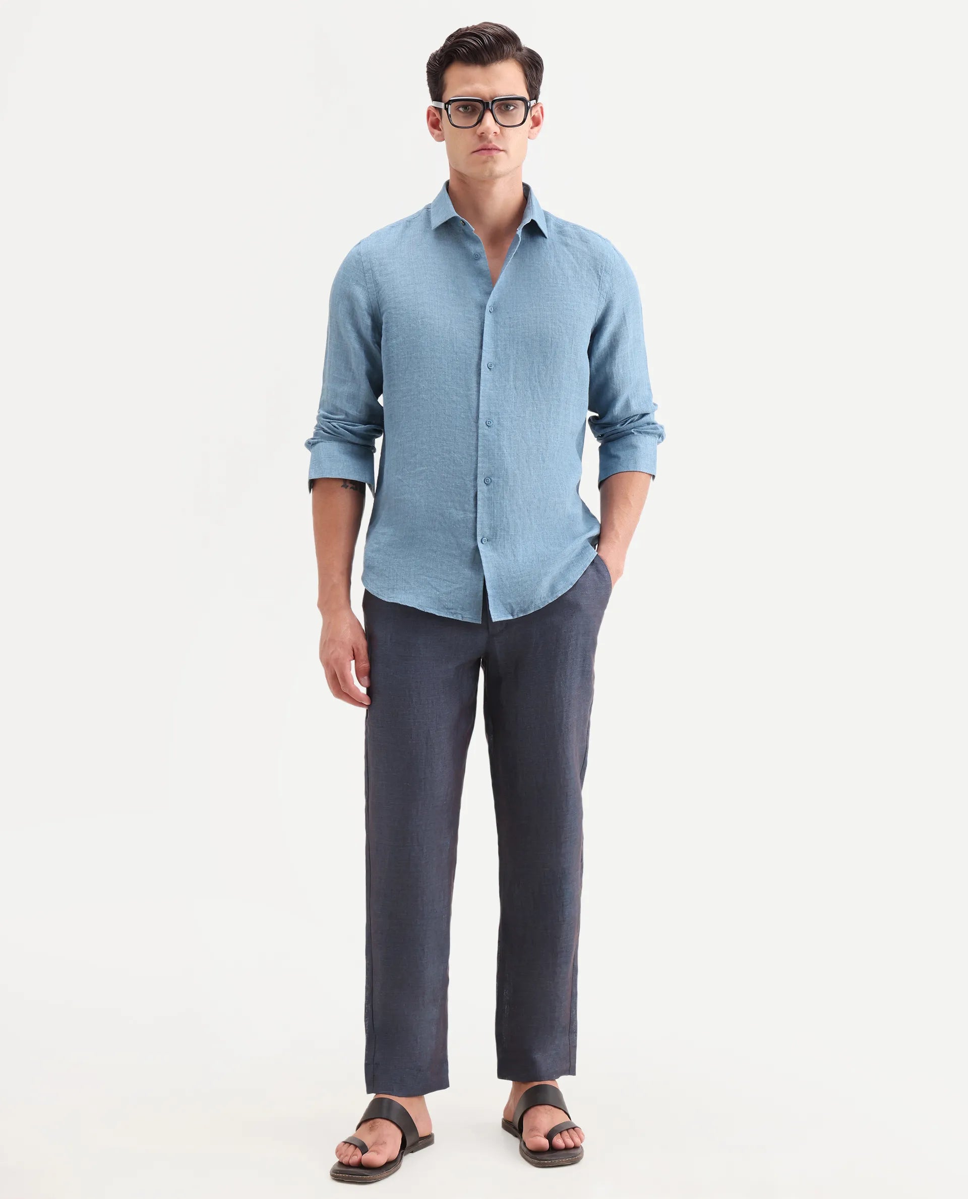 Rare Rabbit Men's Borium-T Dark Blue Linen Fabric Regular Fit Plain Trouser