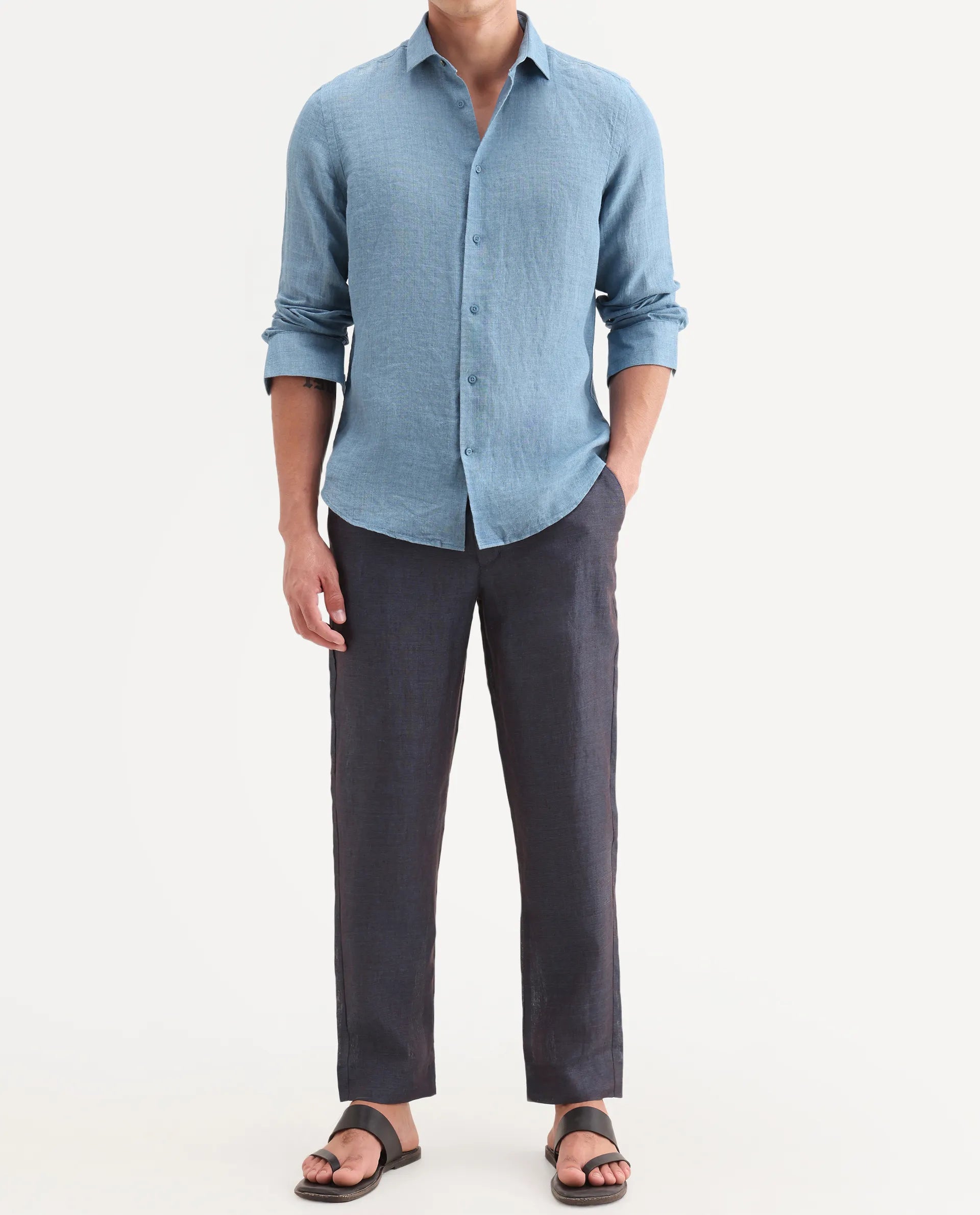 Rare Rabbit Men's Borium-T Dark Blue Linen Fabric Regular Fit Plain Trouser