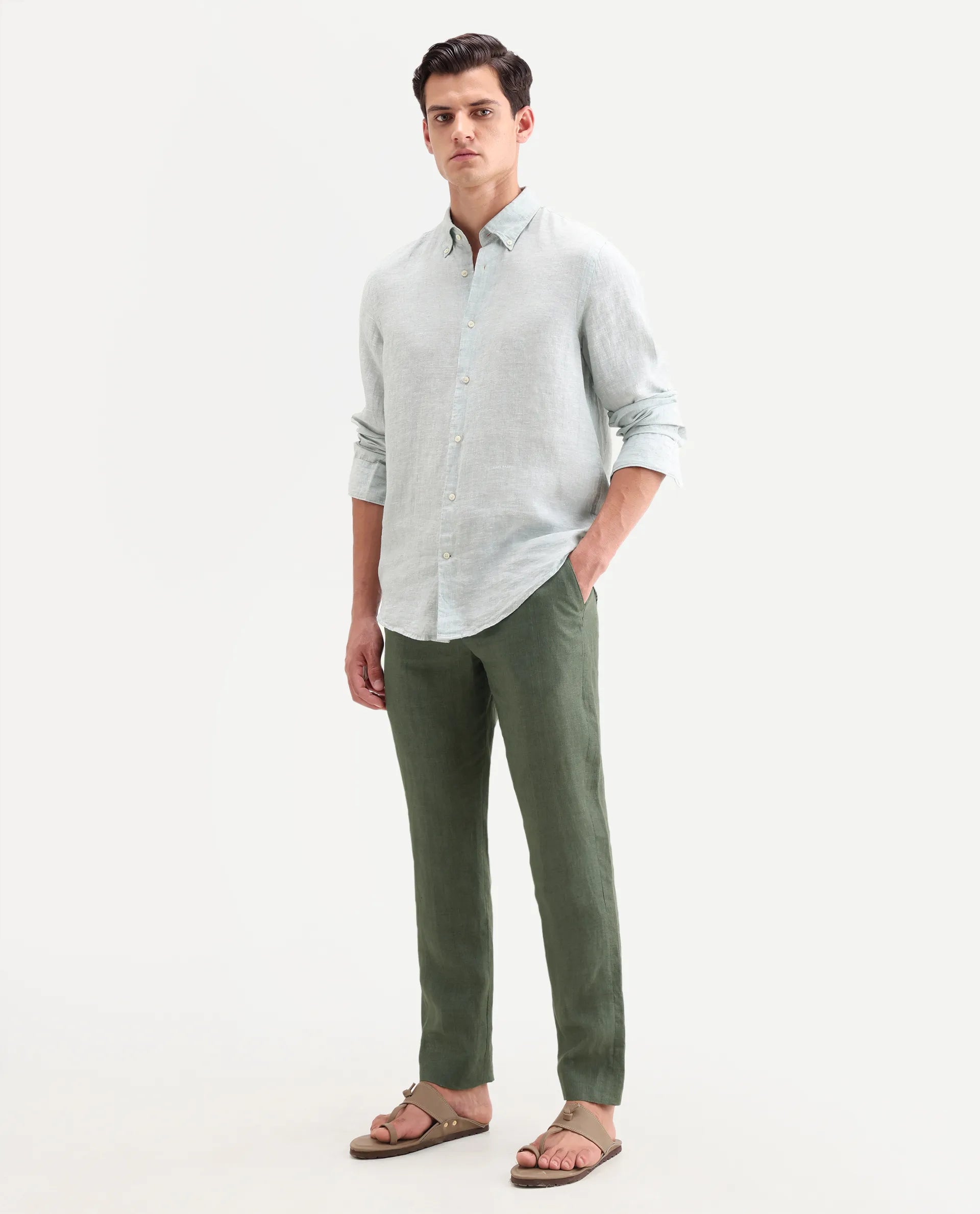 Rare Rabbit Men's Borium-T Dusky Green Linen Fabric Regular Fit Plain Trouser