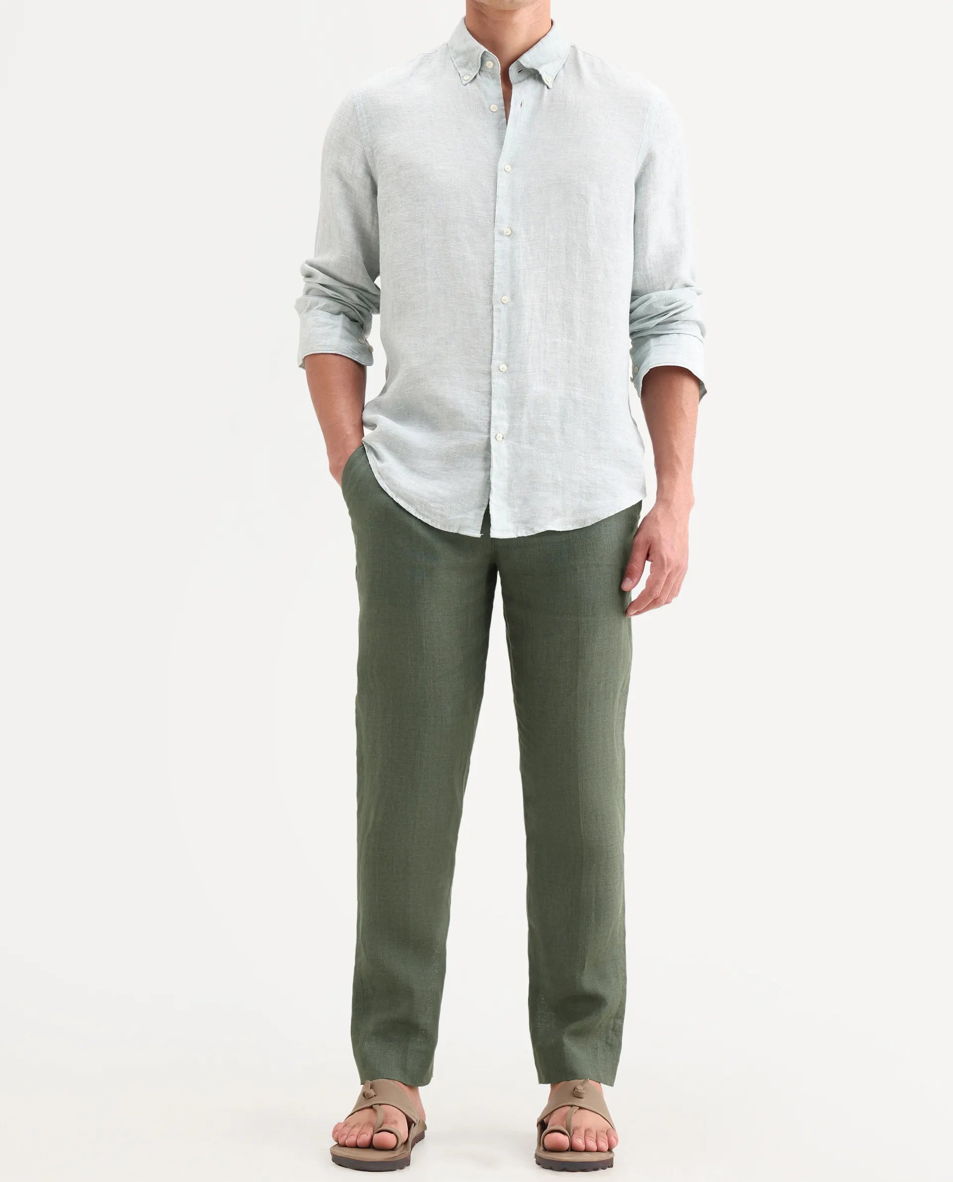 Rare Rabbit Men's Borium-T Dusky Green Linen Fabric Regular Fit Plain Trouser