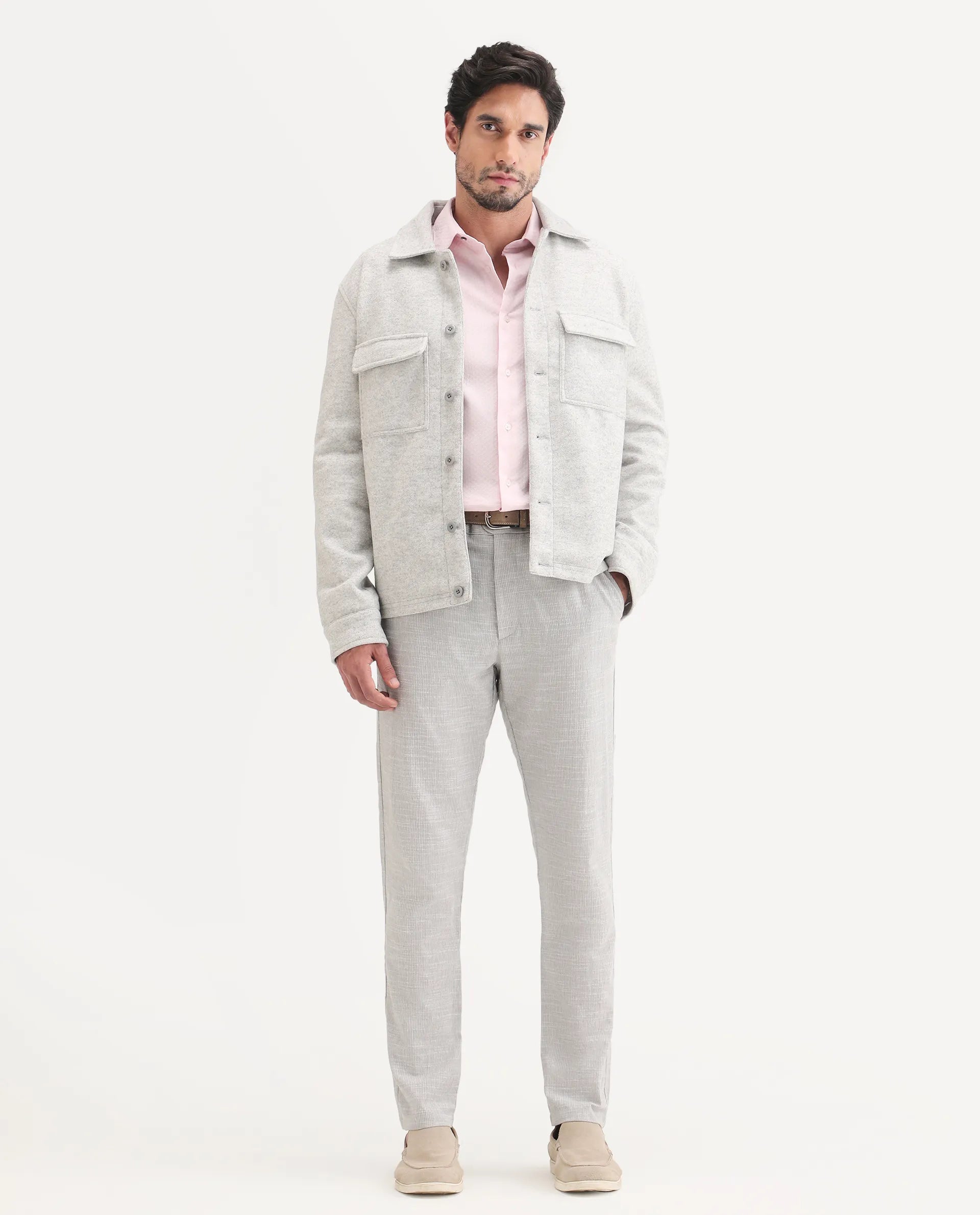 Rare Rabbit Men's Bira Grey Linen Blend Fabric Regular Fit Striped Trouser