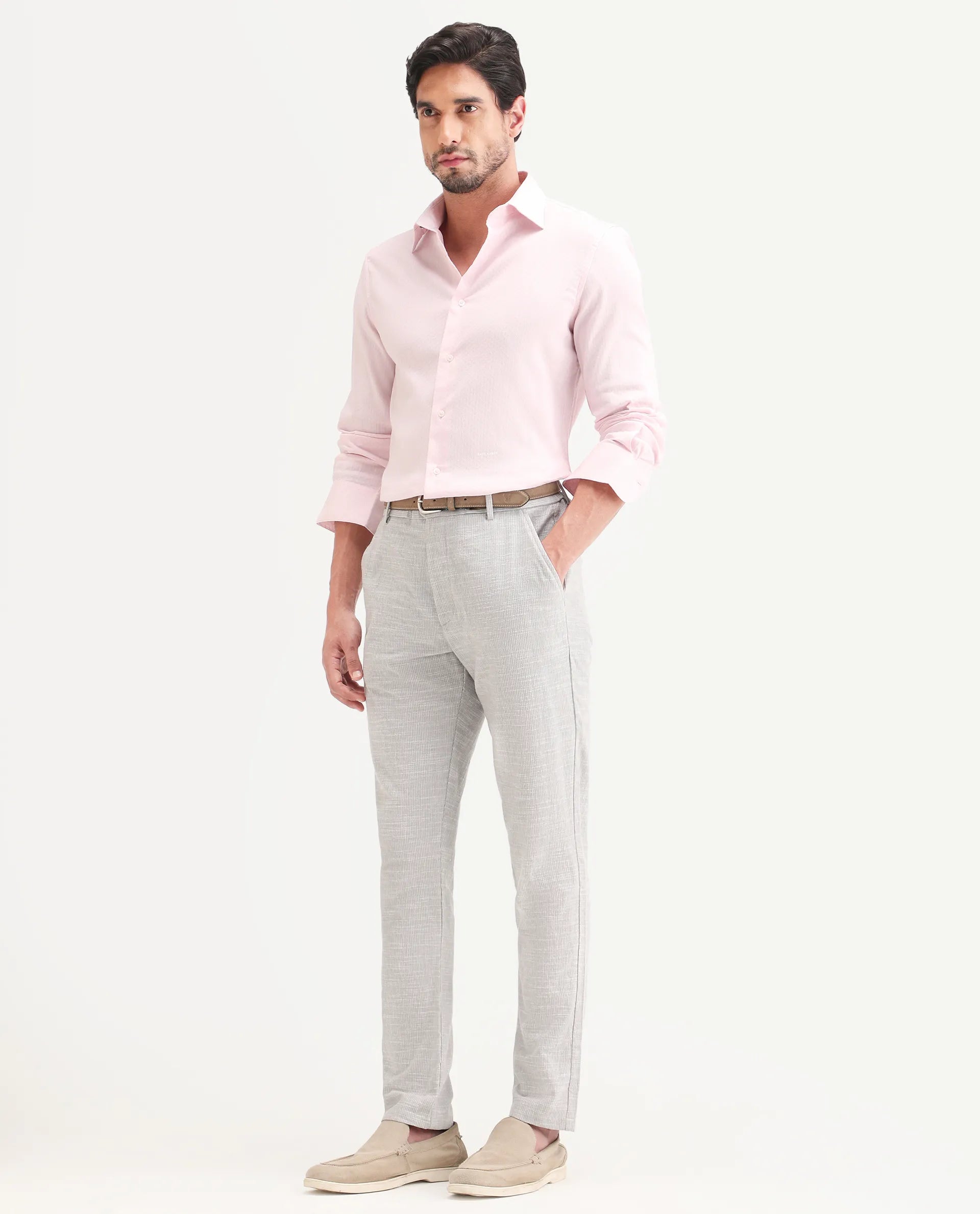 Rare Rabbit Men's Bira Grey Linen Blend Fabric Regular Fit Striped Trouser