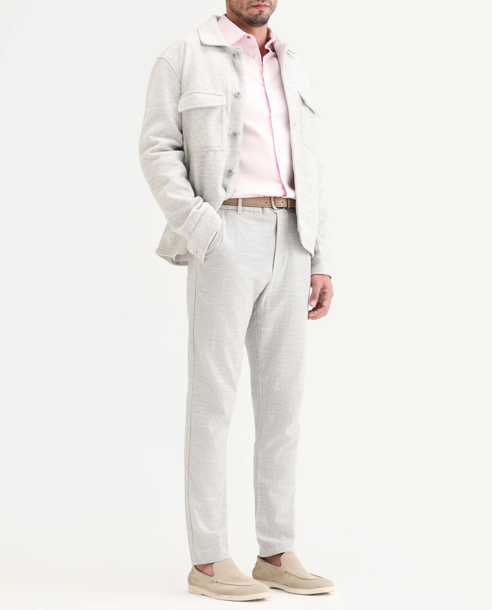 Rare Rabbit Men's Bira Grey Linen Blend Fabric Regular Fit Striped Trouser