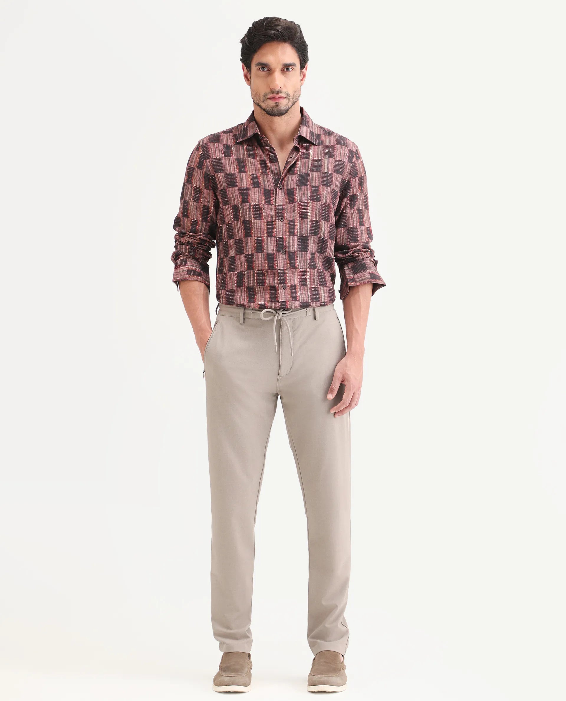 Rare Rabbit Men's Move-Ss26 Light Beige Polyester Blend Fabric Regular Fit Plain Trouser