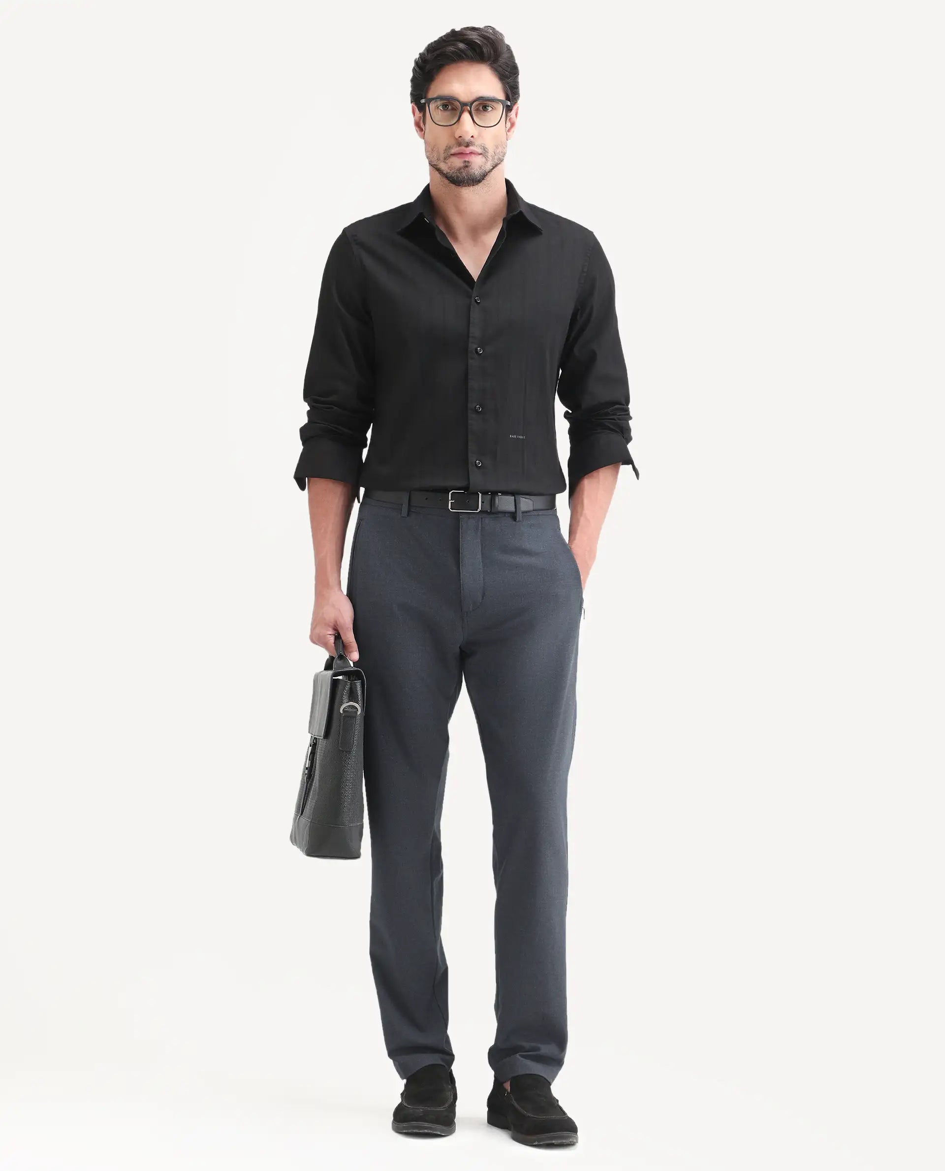 Rare Rabbit Men's Move-Ss26 Dark Navy Polyester Blend Fabric Regular Fit Plain Trouser