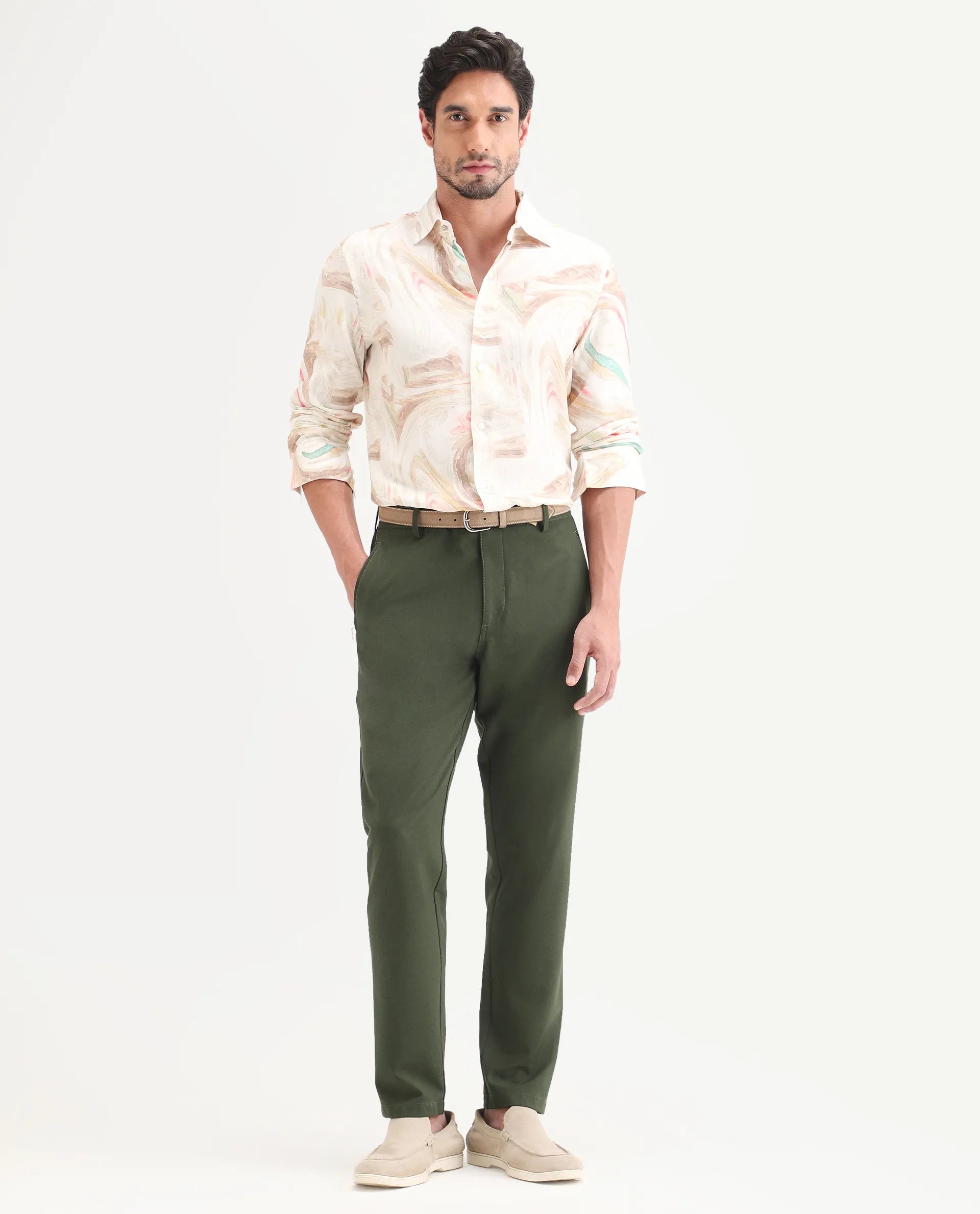 Rare Rabbit Men's Move-Ss26 Dark Olive Polyester Blend Fabric Regular Fit Plain Trouser