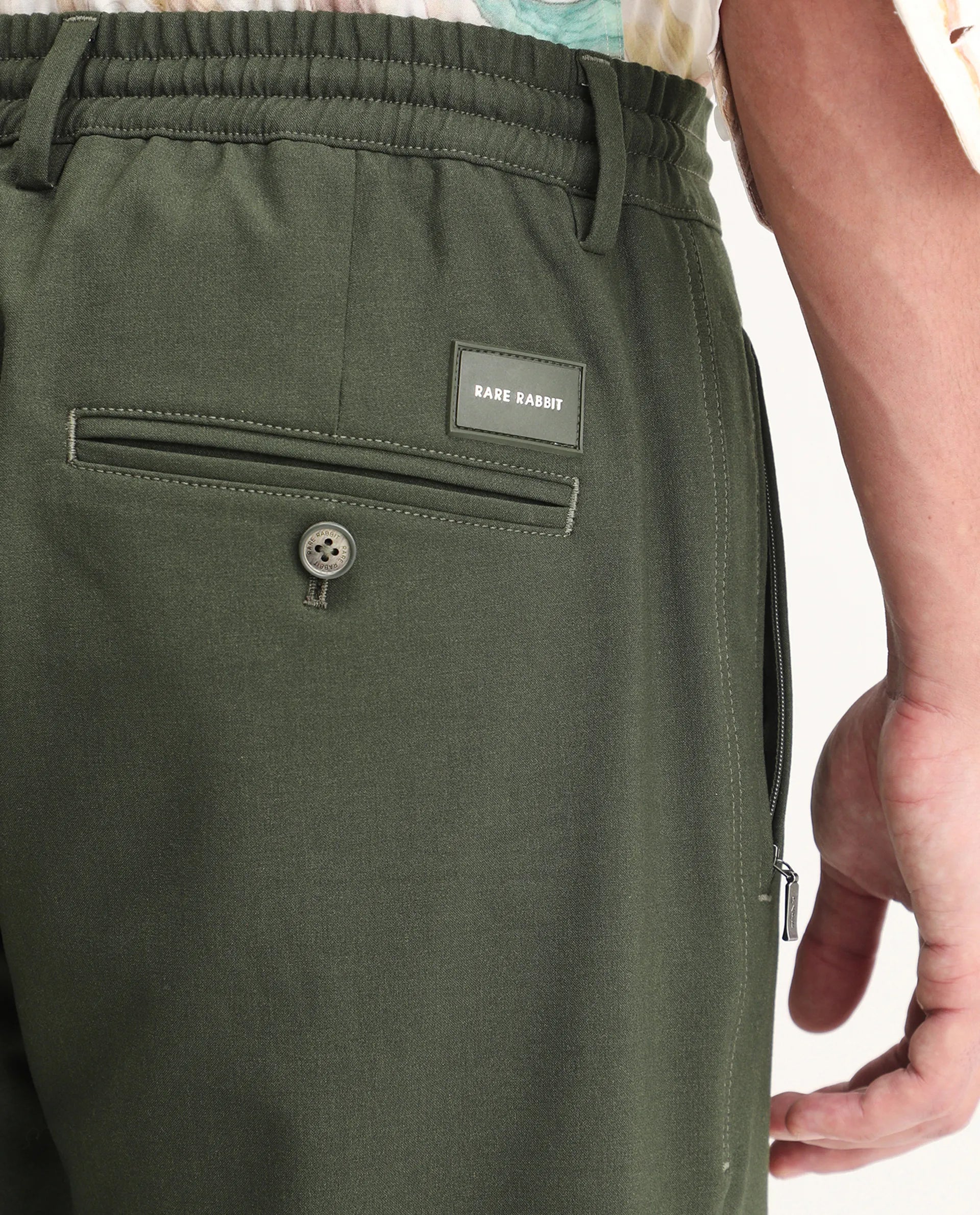 Rare Rabbit Men's Move-Ss26 Dark Olive Polyester Blend Fabric Regular Fit Plain Trouser