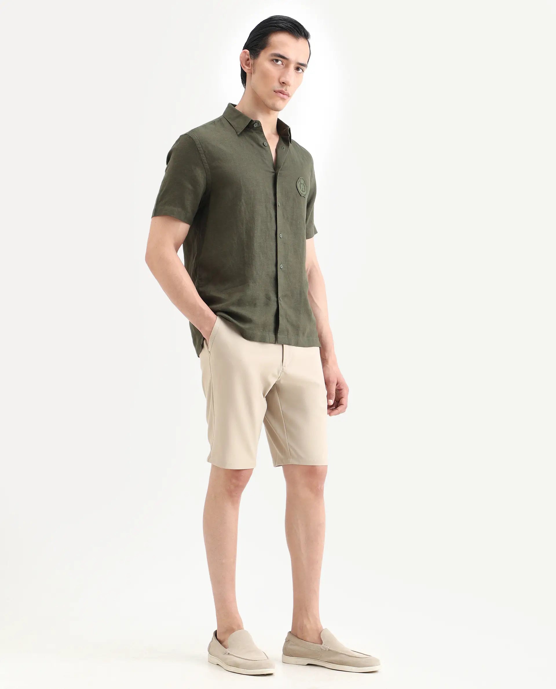 Rare Rabbit Men's Drivo-Ss26 Light Khaki Polyester Blend Fabric Regular Fit Plain Shorts