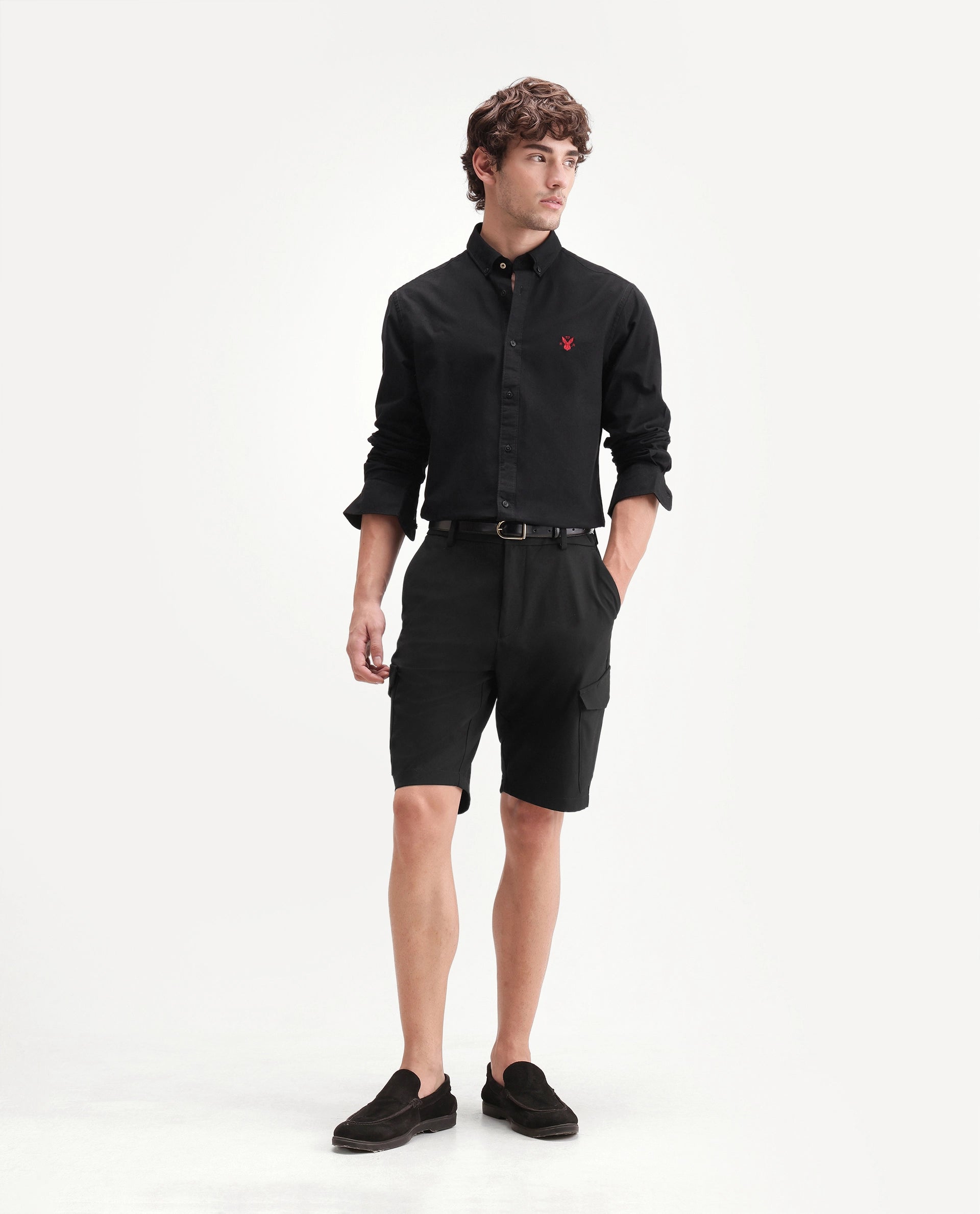 Rare Rabbit Men's Tripco-Ss26 Black Polyester Blend Fabric Relaxed Fit Plain Shorts