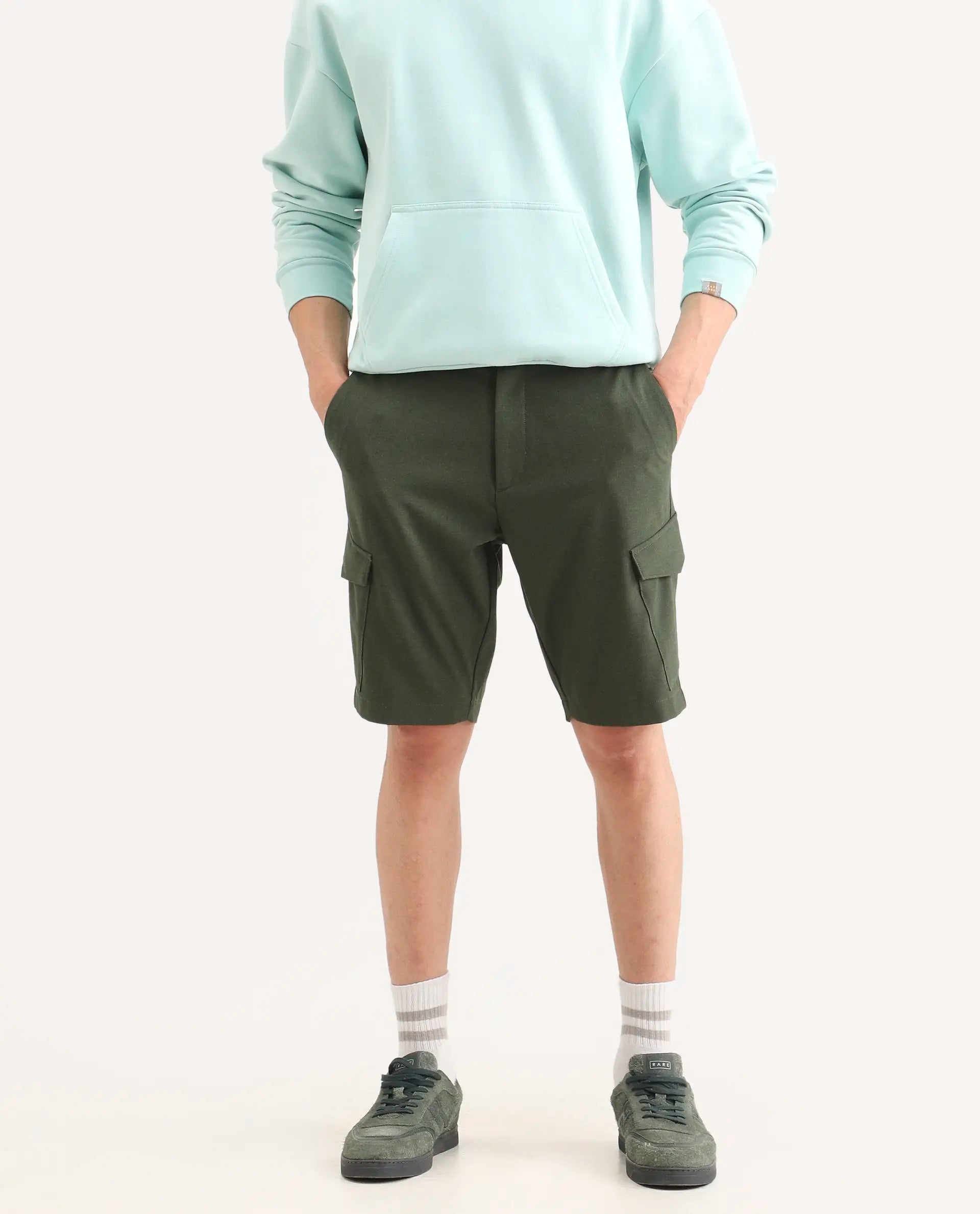 Rare Rabbit Men's Tripco-Ss26 Dark Olive Polyester Blend Fabric Relaxed Fit Plain Shorts