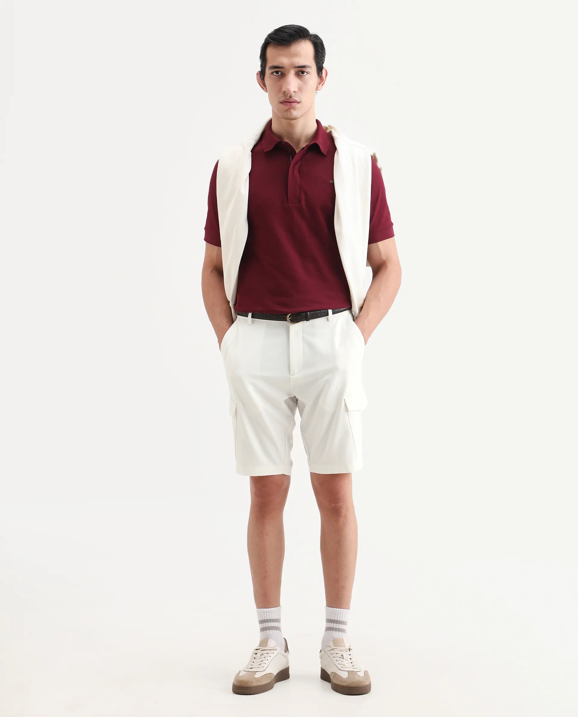 Rare Rabbit Men's Tripco-Ss26 White Polyester Blend Fabric Relaxed Fit Plain Shorts