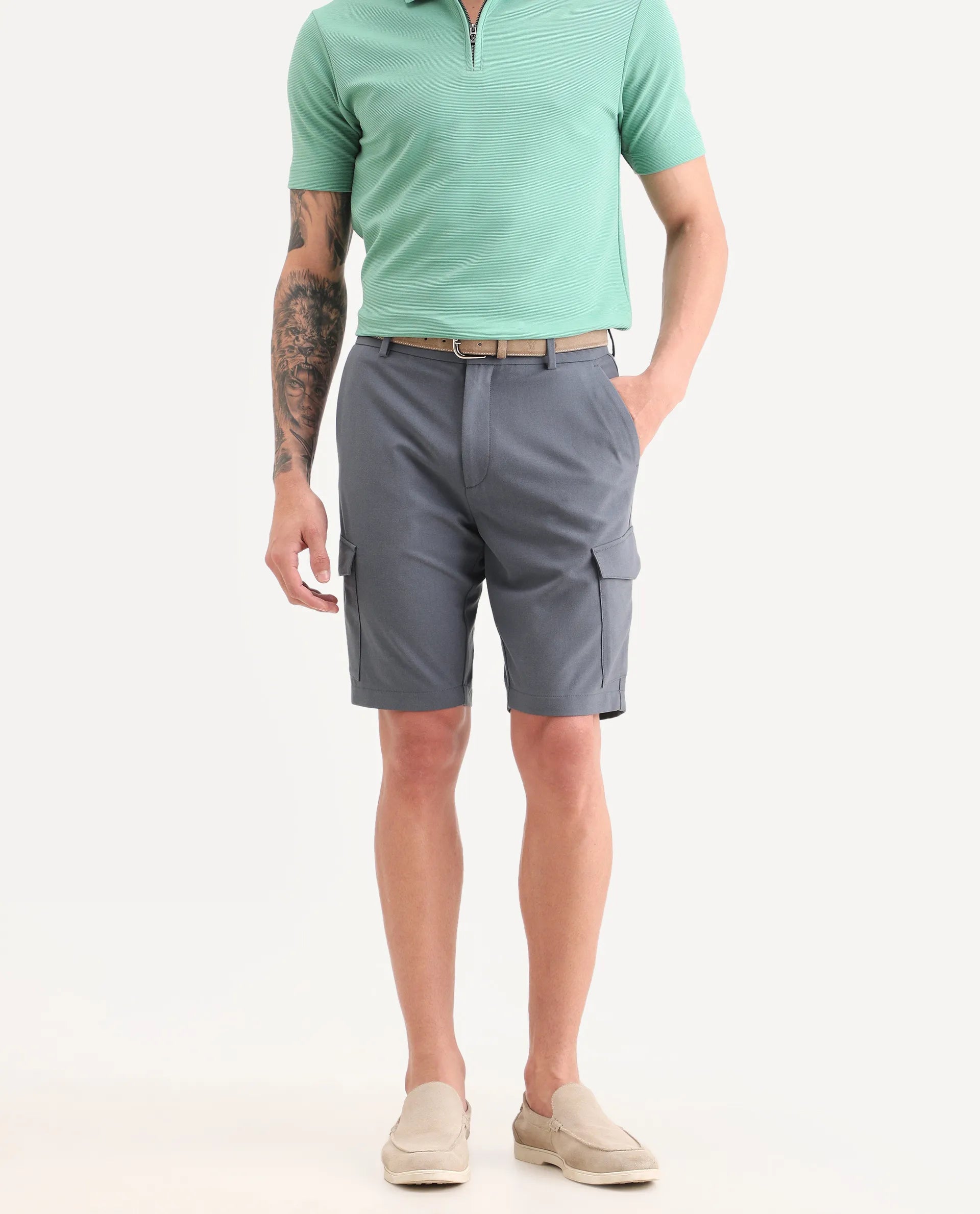 Rare Rabbit Men's Tripco-Ss26 Dusky Blue Polyester Blend Fabric Relaxed Fit Plain Shorts