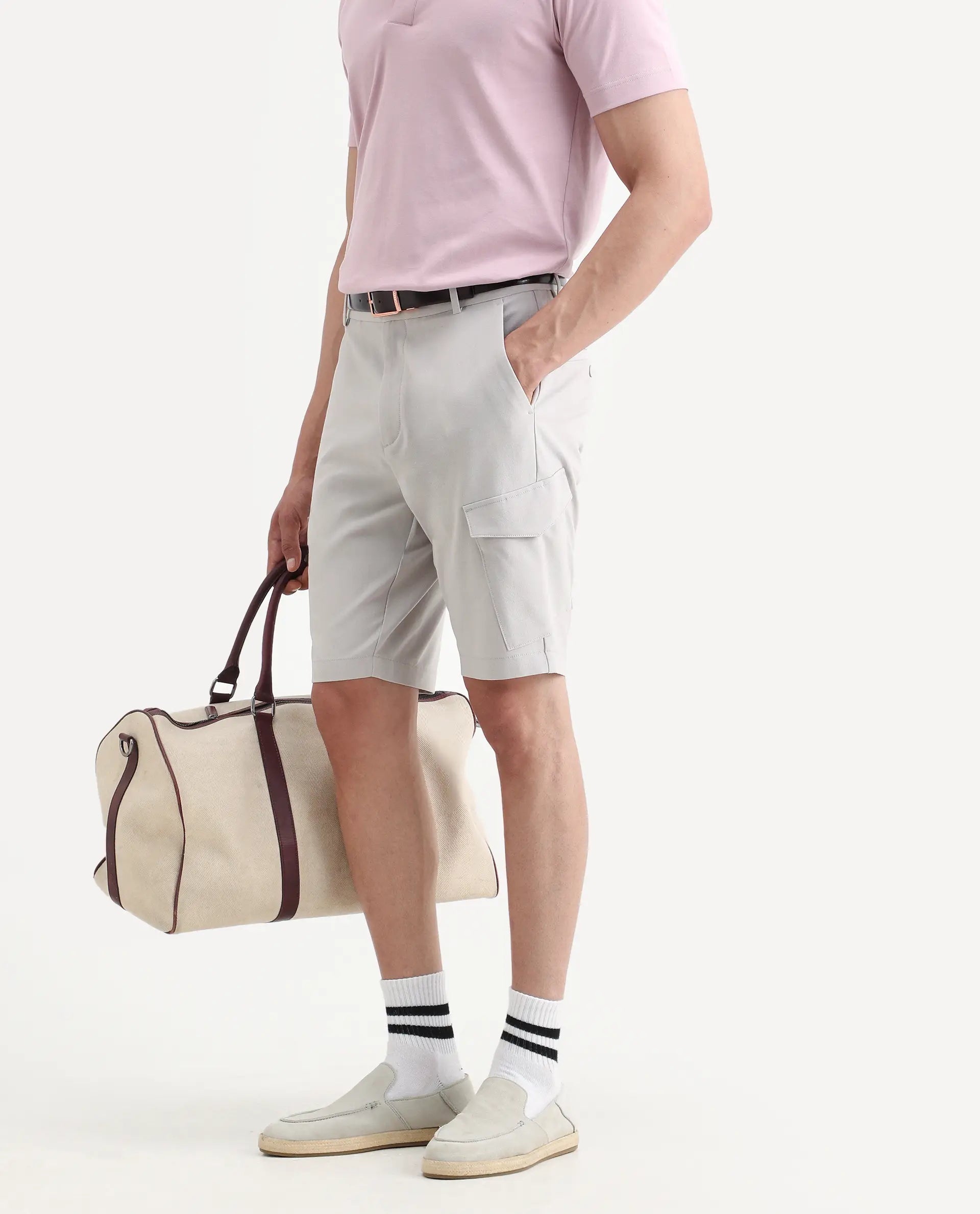 Rare Rabbit Men's Tripco-Ss26 Light Beige Polyester Blend Fabric Relaxed Fit Plain Shorts