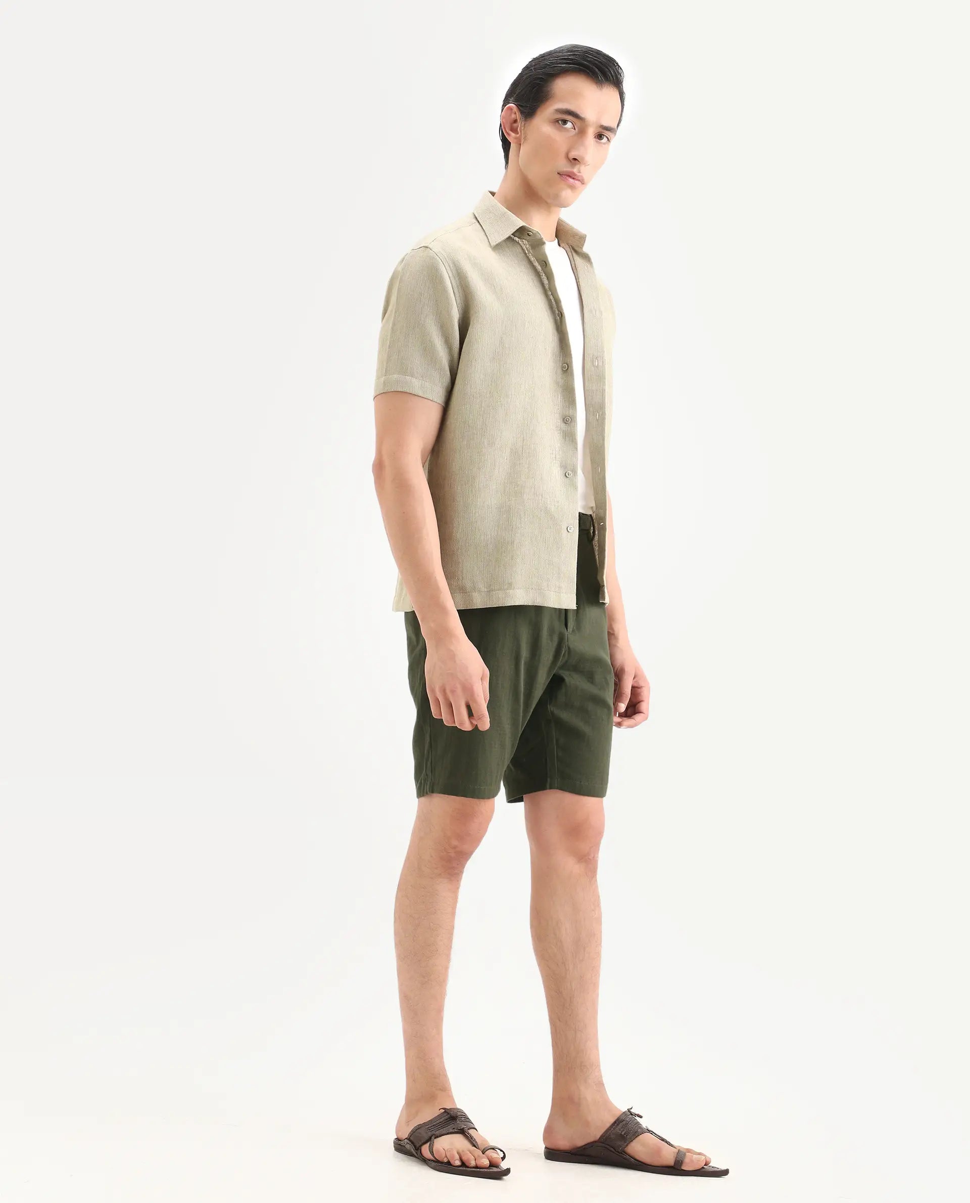 Rare Rabbit Men's Pinto-Ss26 Light Olive Cotton Fabric Drawstring Relaxed Fit Plain Shorts