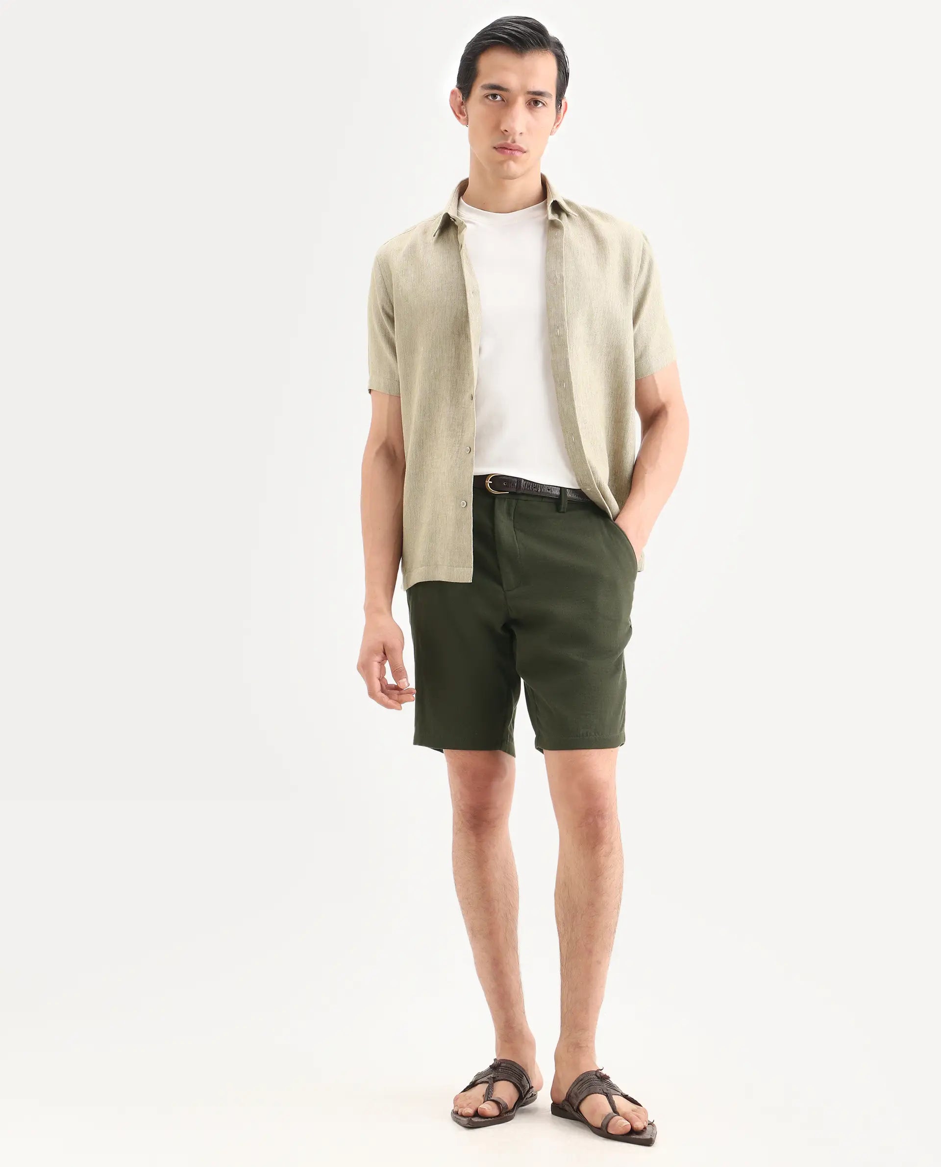 Rare Rabbit Men's Pinto-Ss26 Light Olive Cotton Fabric Drawstring Relaxed Fit Plain Shorts