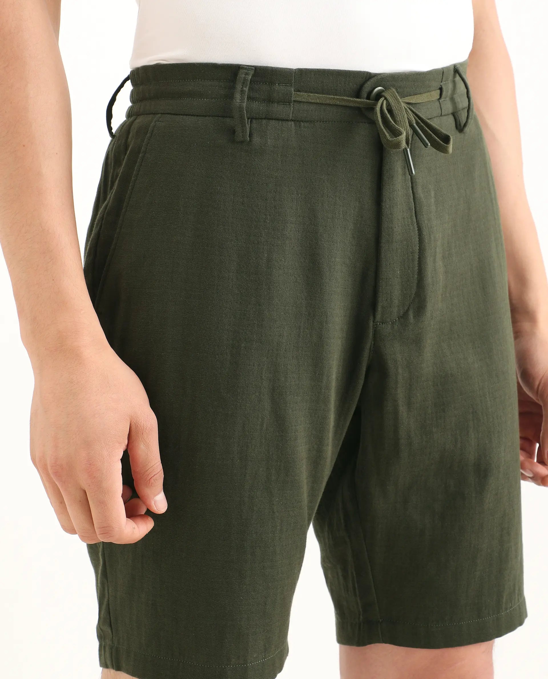 Rare Rabbit Men's Pinto-Ss26 Light Olive Cotton Fabric Drawstring Relaxed Fit Plain Shorts