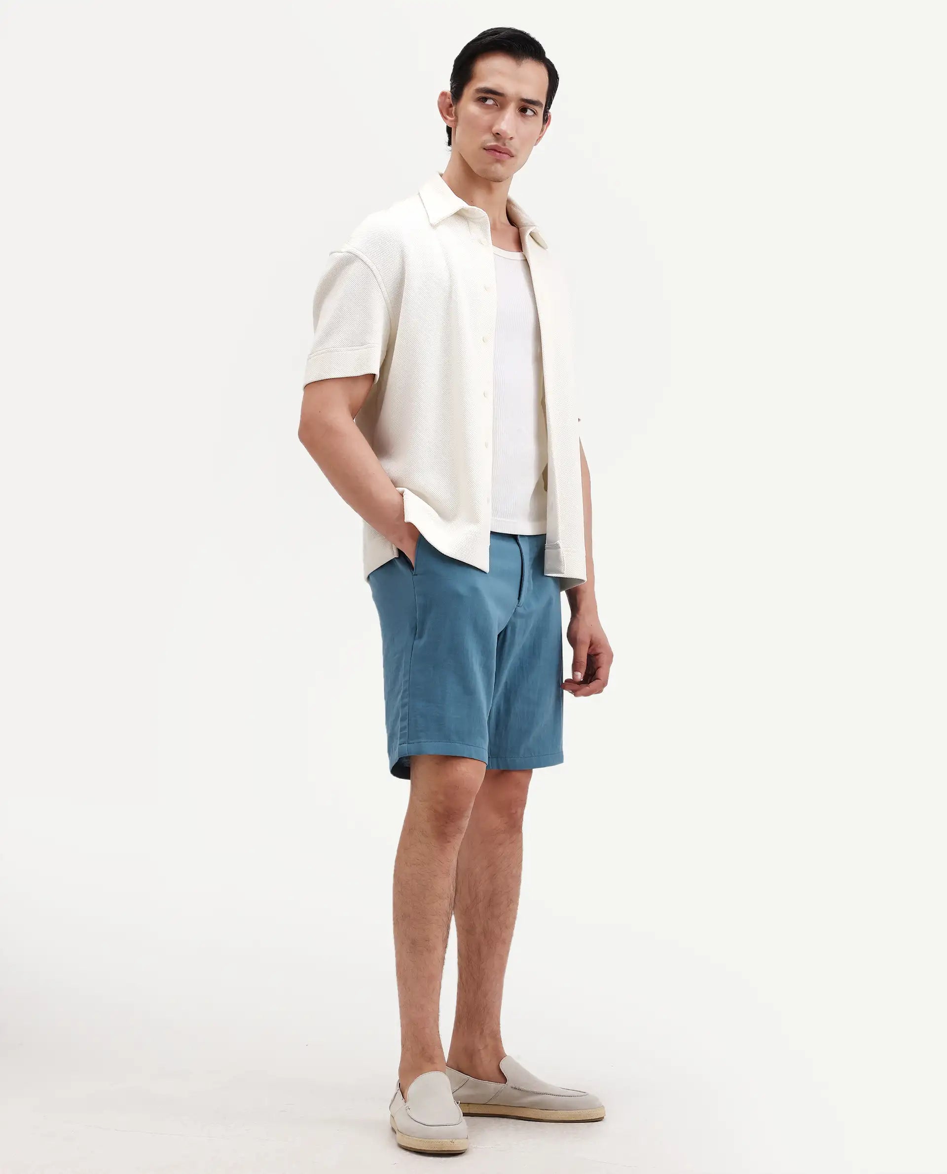 Rare Rabbit Men's Pinto-Ss26 Dusky Blue Cotton Fabric Drawstring Relaxed Fit Plain Shorts