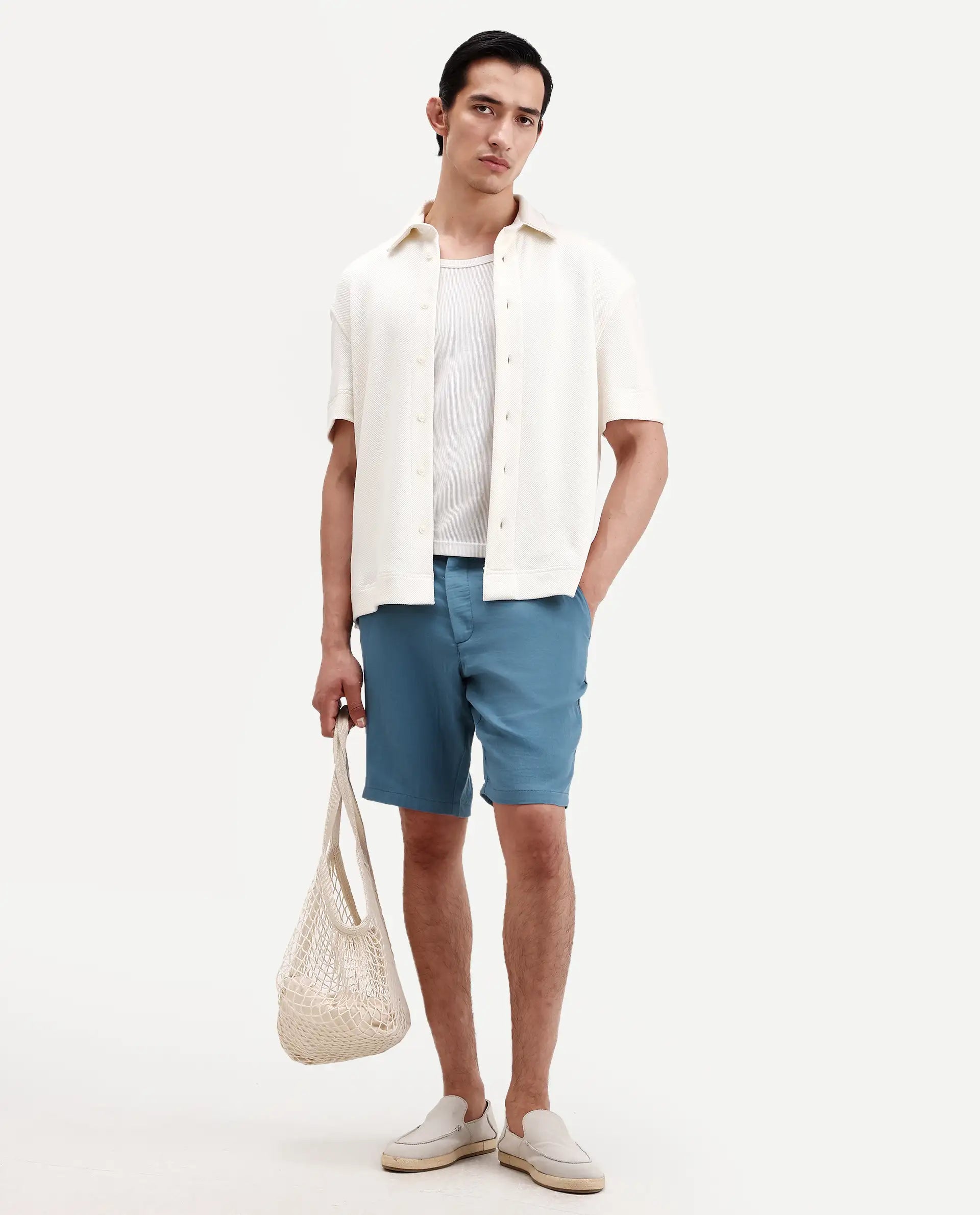 Rare Rabbit Men's Pinto-Ss26 Dusky Blue Cotton Fabric Drawstring Relaxed Fit Plain Shorts