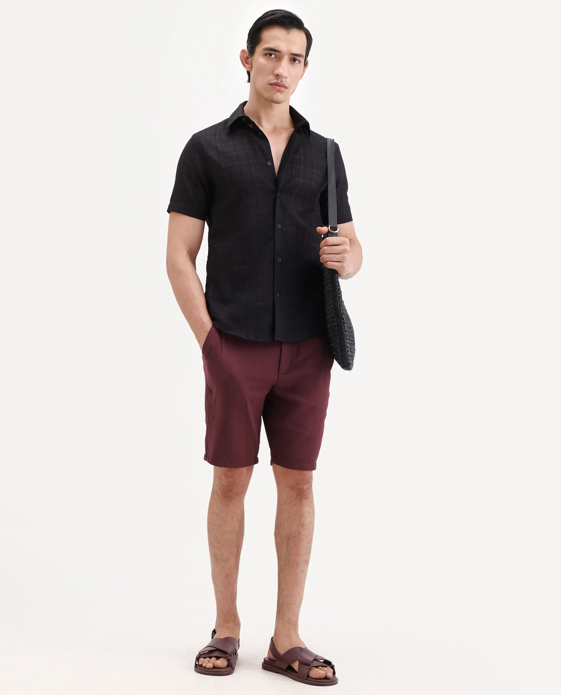 Rare Rabbit Men's Pinto-Ss26 Maroon Cotton Fabric Drawstring Relaxed Fit Plain Shorts