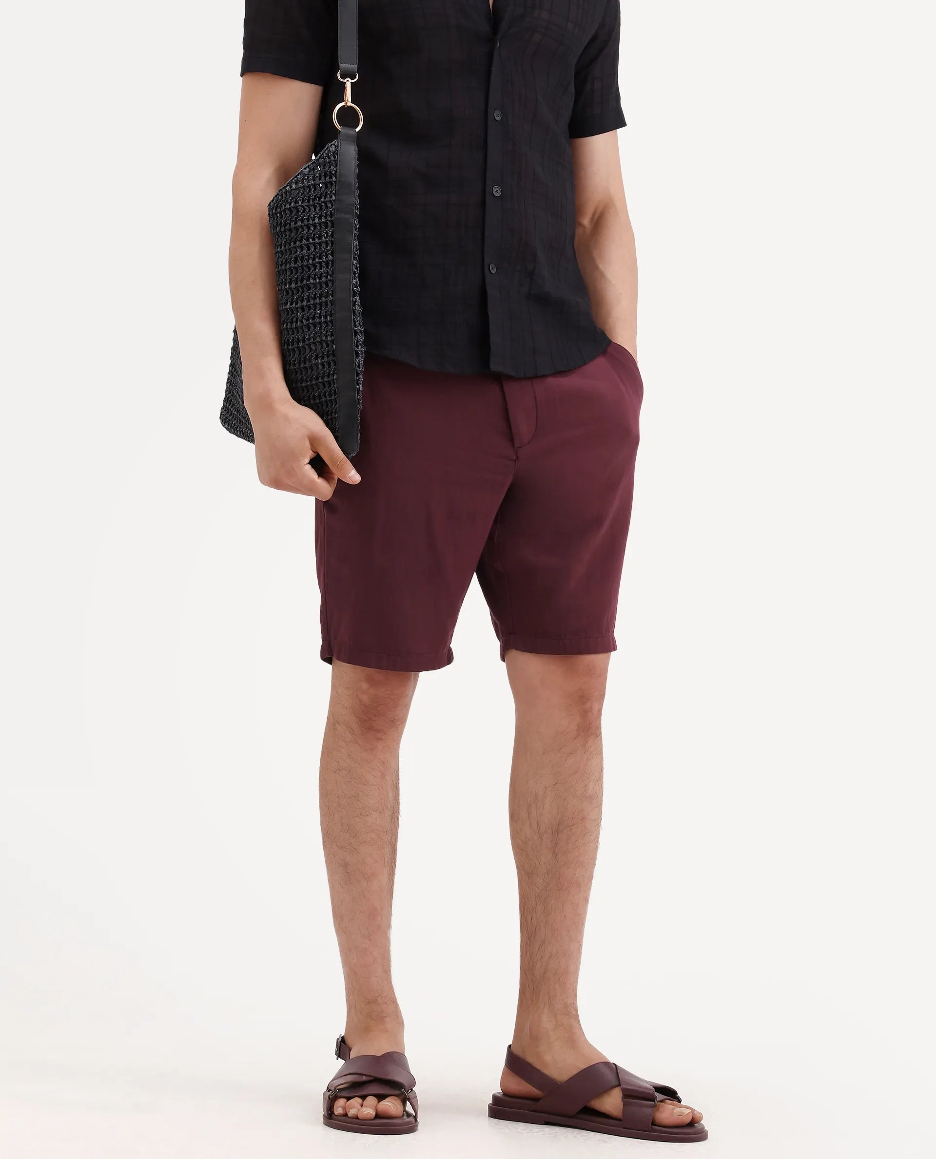 Rare Rabbit Men's Pinto-Ss26 Maroon Cotton Fabric Drawstring Relaxed Fit Plain Shorts