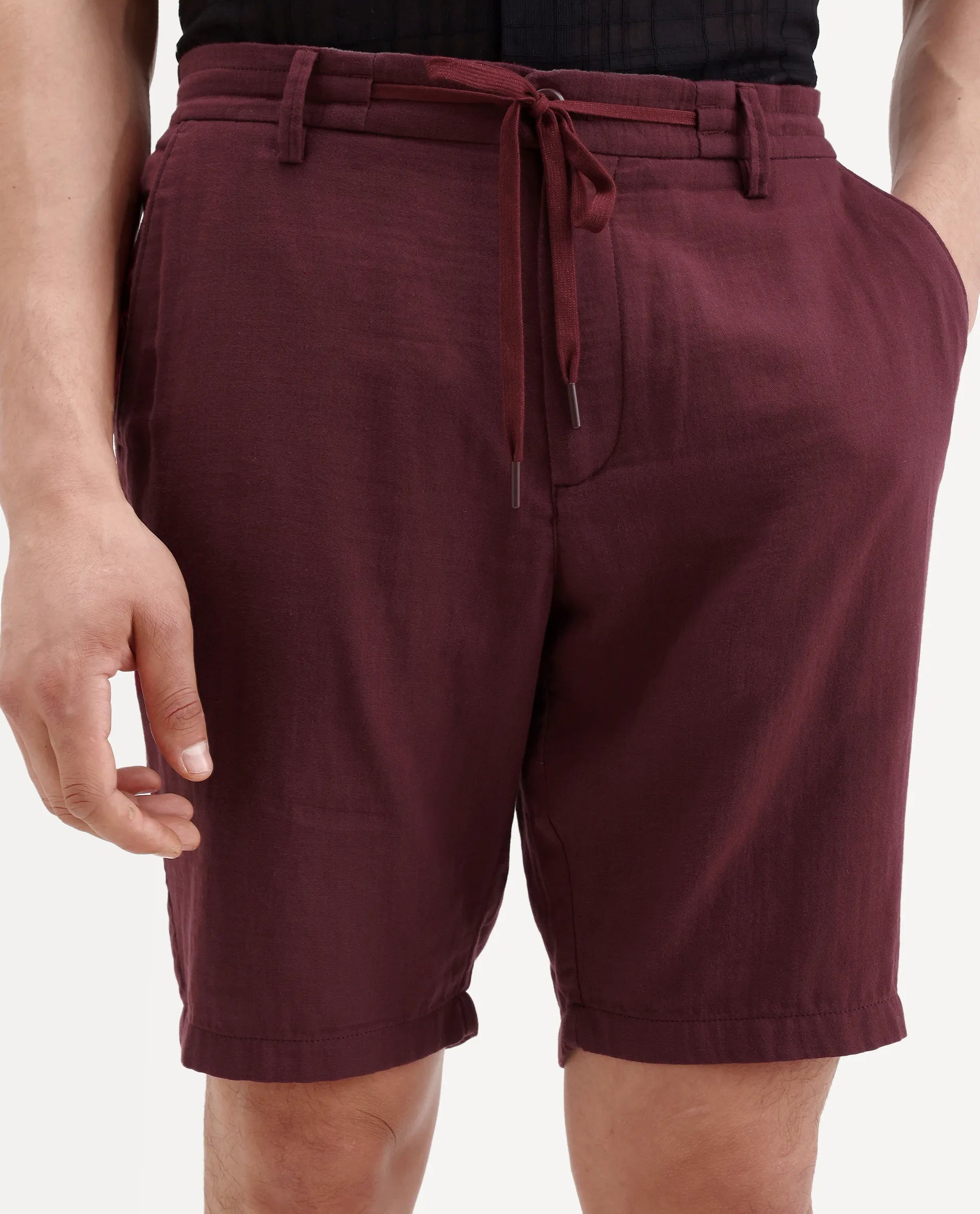 Rare Rabbit Men's Pinto-Ss26 Maroon Cotton Fabric Drawstring Relaxed Fit Plain Shorts