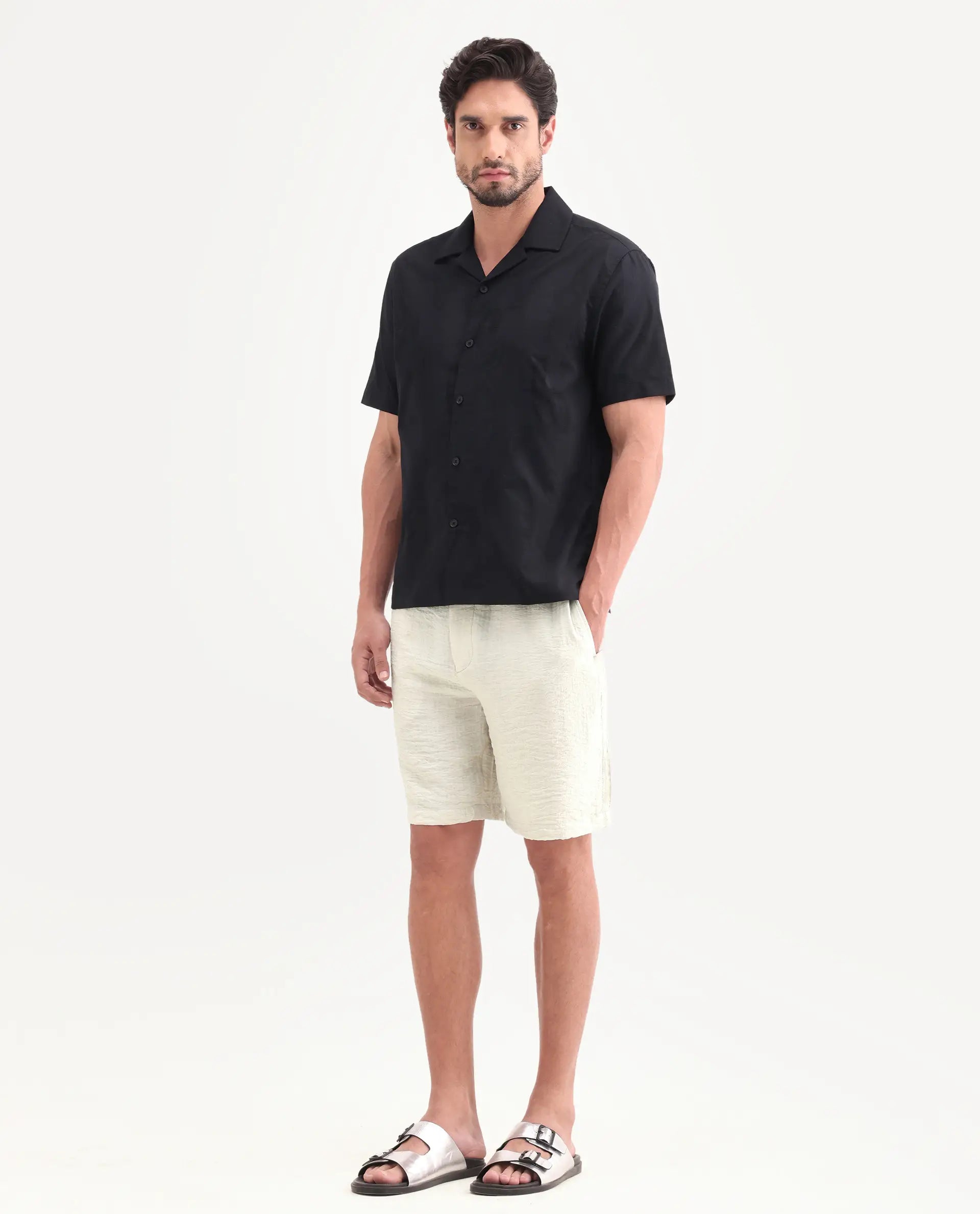 Rare Rabbit Men's Veon-St Off White Viscose Blend Fabric Relaxed Fit Plain Shorts