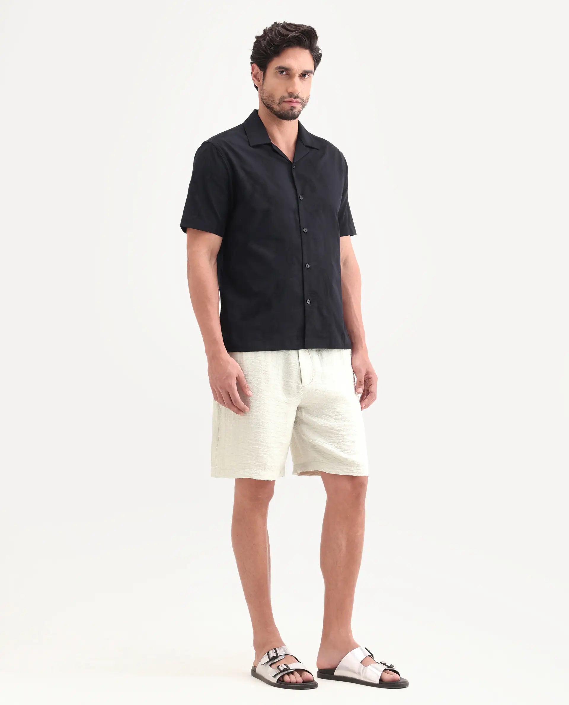 Rare Rabbit Men's Veon-St Off White Viscose Blend Fabric Relaxed Fit Plain Shorts