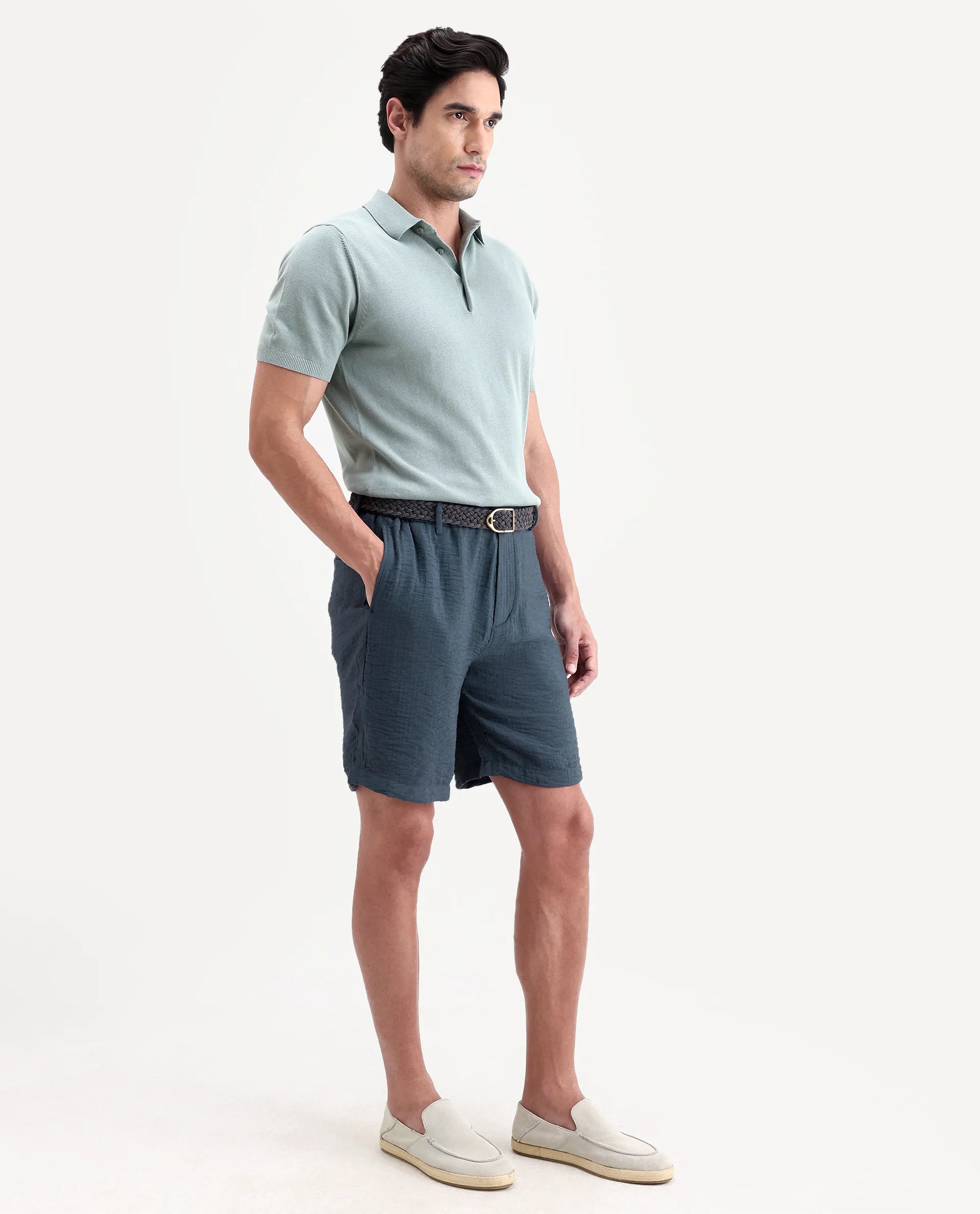 Rare Rabbit Men's Veon-St Dusky Blue Viscose Blend Fabric Relaxed Fit Plain Shorts