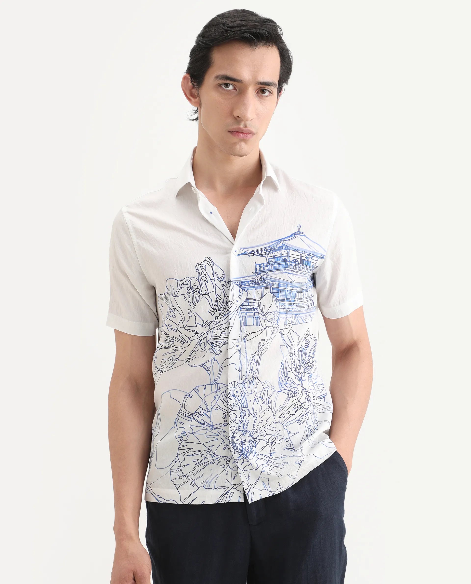 Rare Rabbit Men's Peine White Cotton Fabric Half Sleeve Spread Collar Regular Fit Graphic Print Shirt