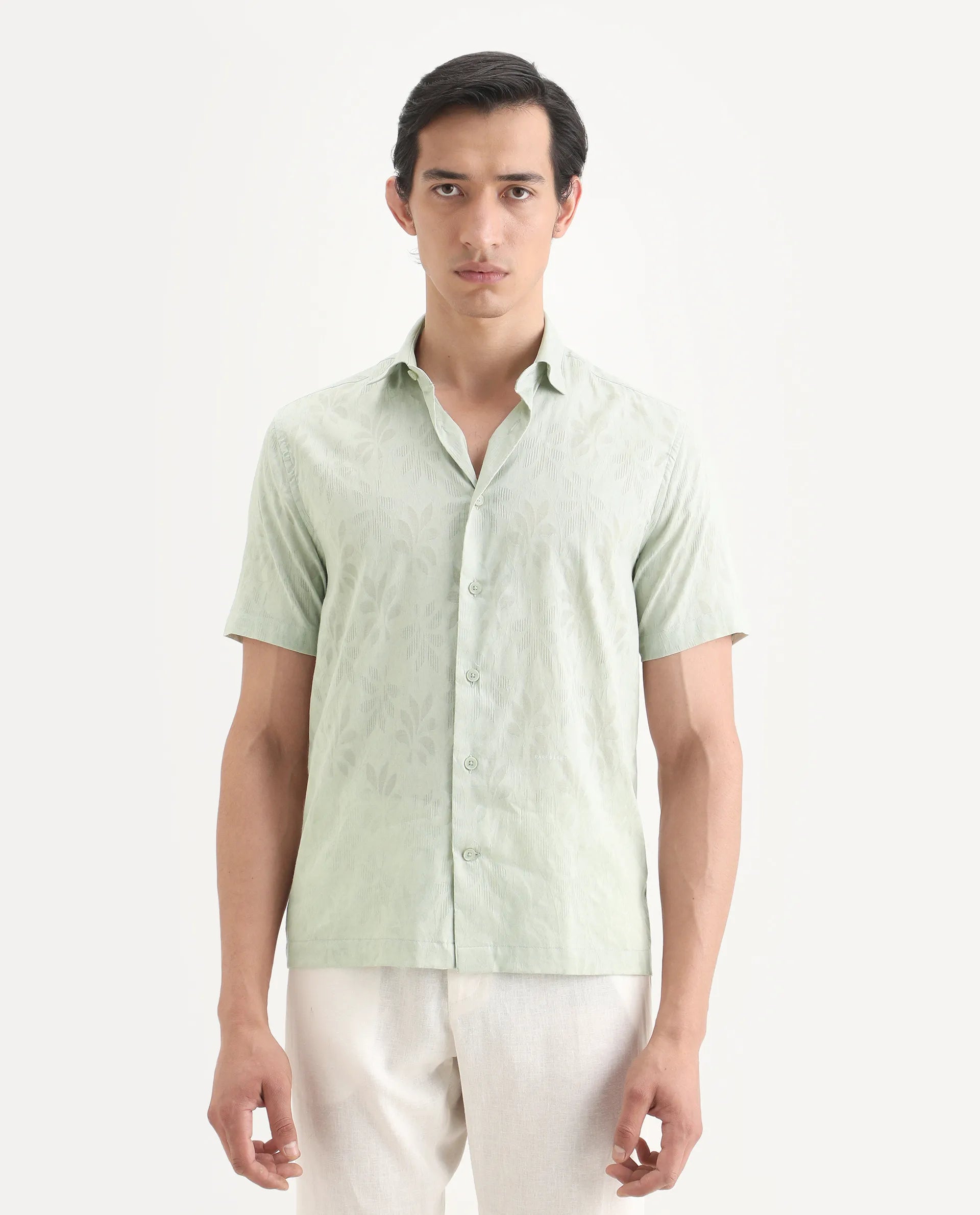 Rare Rabbit Men's Ottas Dusky Green Cotton Fabric Half Sleeve Spread Collar Regular Fit Shirt