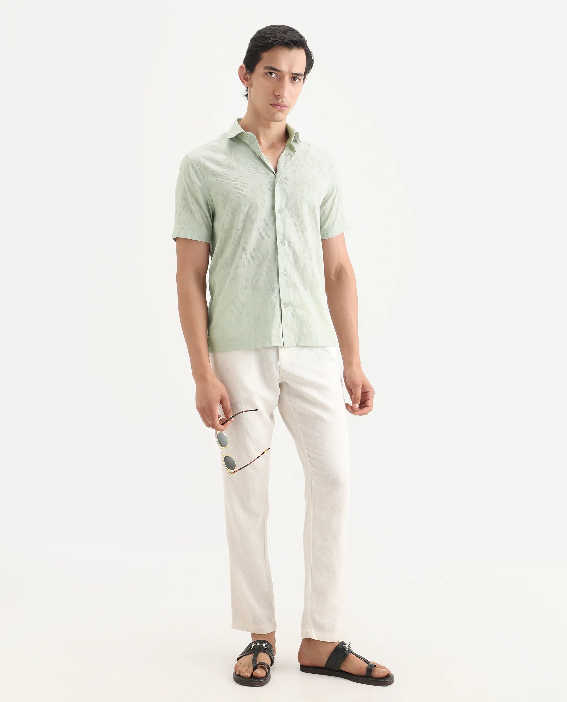 Rare Rabbit Men's Ottas Dusky Green Cotton Fabric Half Sleeve Spread Collar Regular Fit Shirt